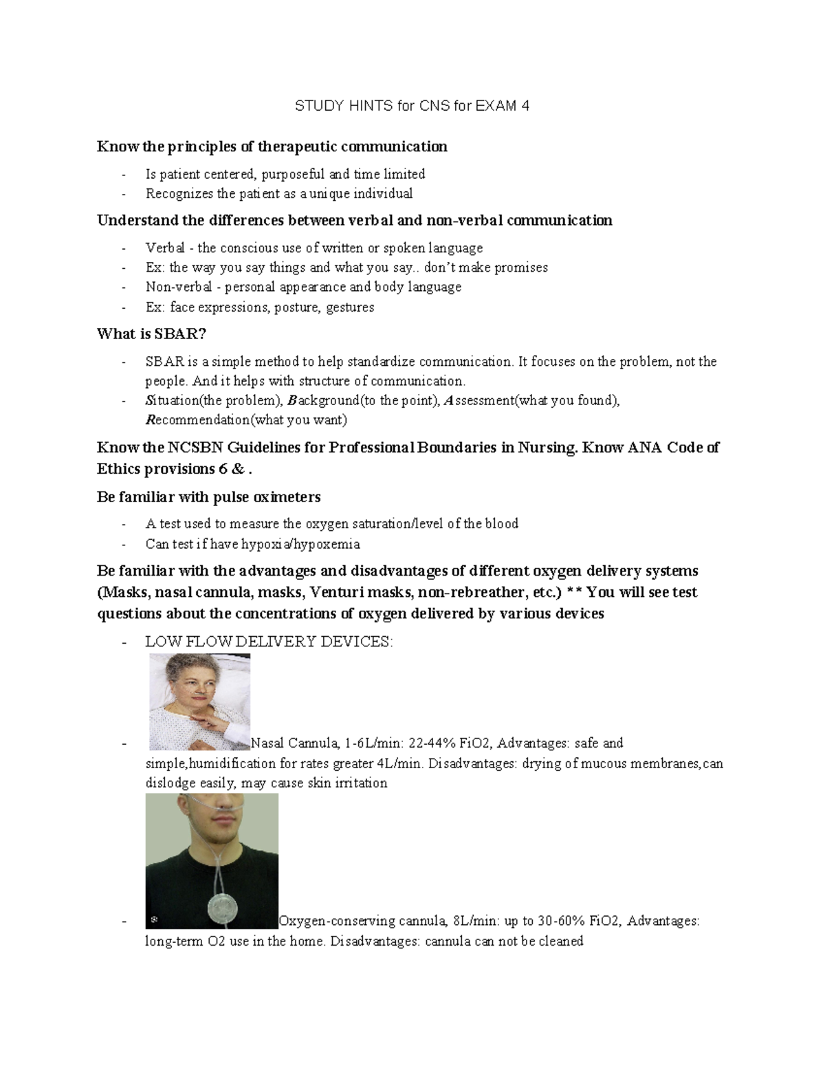 CNS 4 Exam Study Guide: Therapeutic Communication & Oxygen Delivery ...