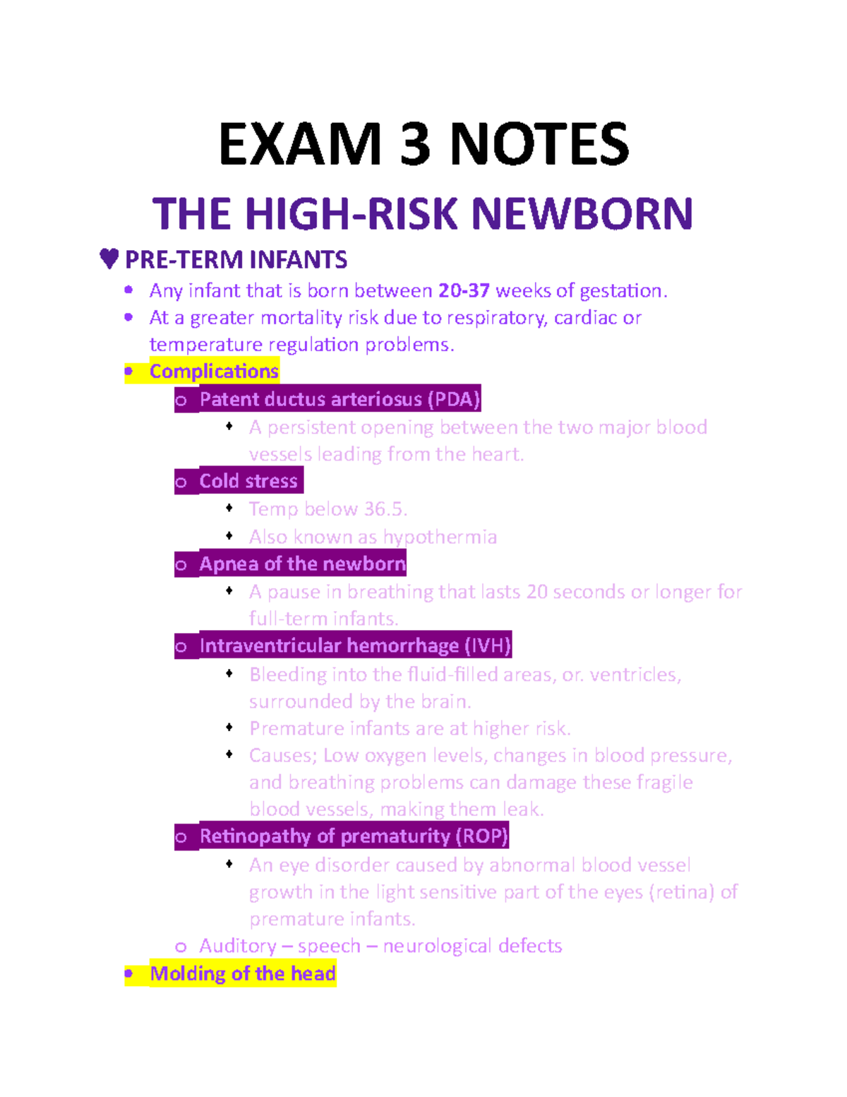 EXAM 3 Notes OB - bc nursing OB - EXAM 3 NOTES THE HIGH-RISK NEWBORN ...