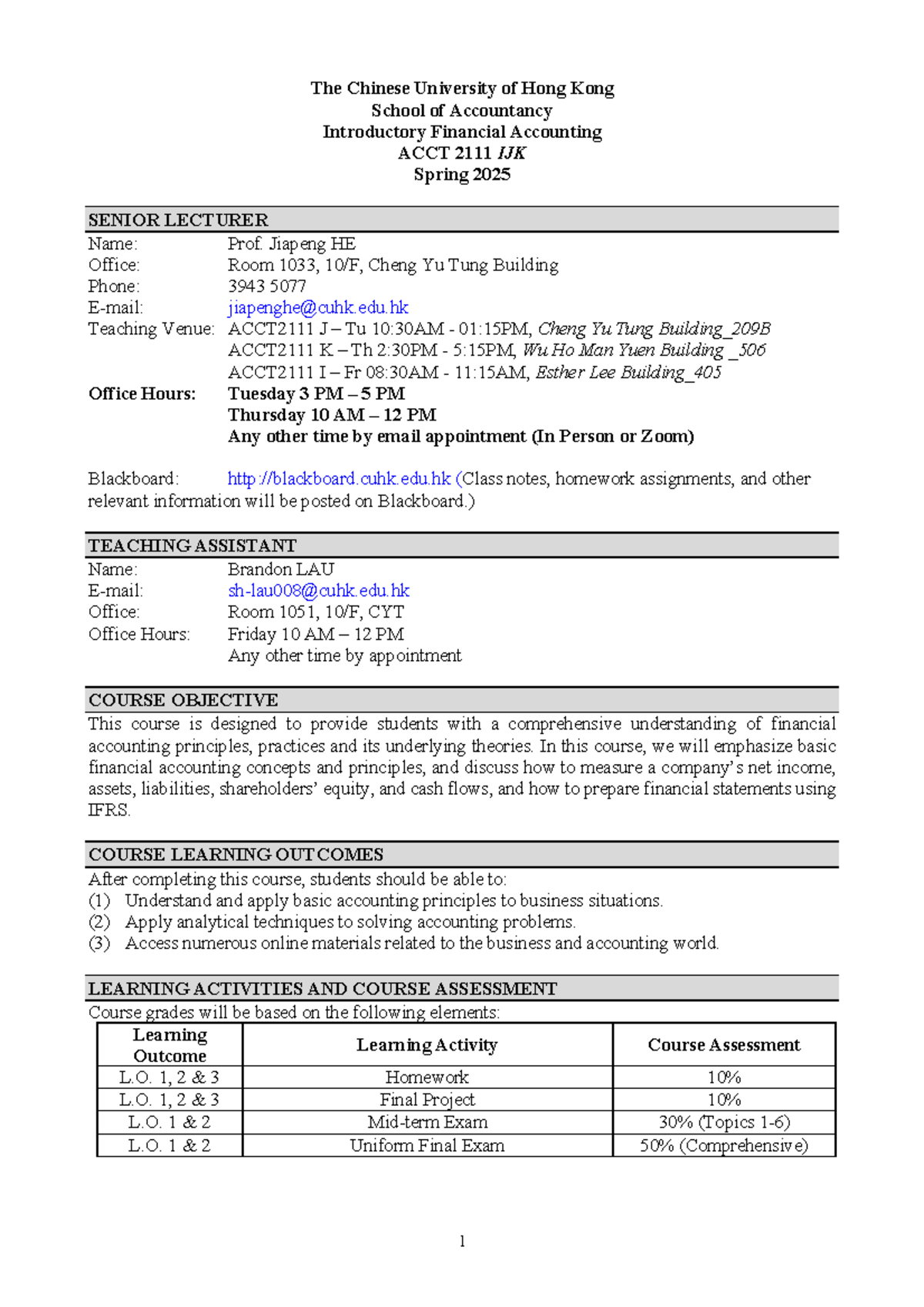 ACCT 2111 IJK Introductory Financial Accounting Course Outline Spring ...