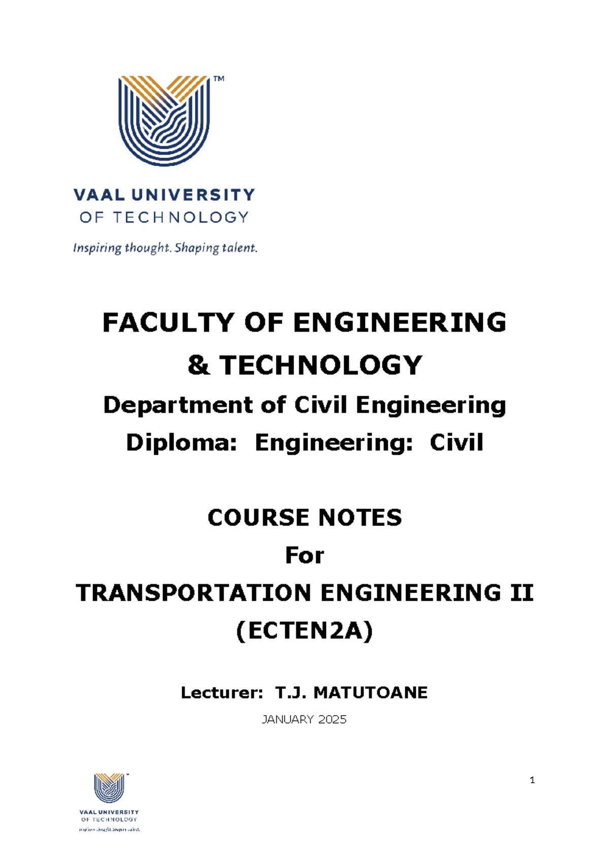 Ecten 2A - Notes 2025 - Transportation 2 - FACULTY OF ENGINEERING ...