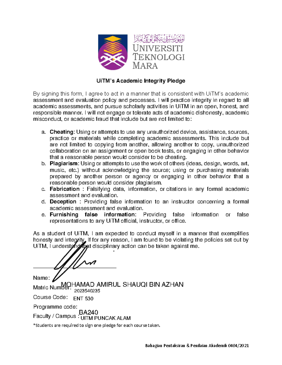 UiTM Academic Integrity Pledge Form - ENT 530 - Studocu