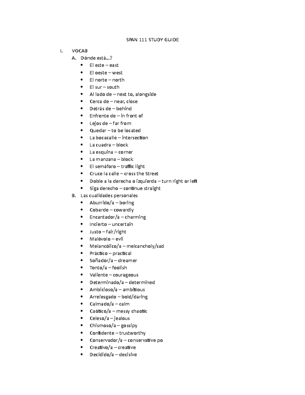SPAN 111 Final Exam Study Guide: Key Vocabulary and Grammar Concepts ...