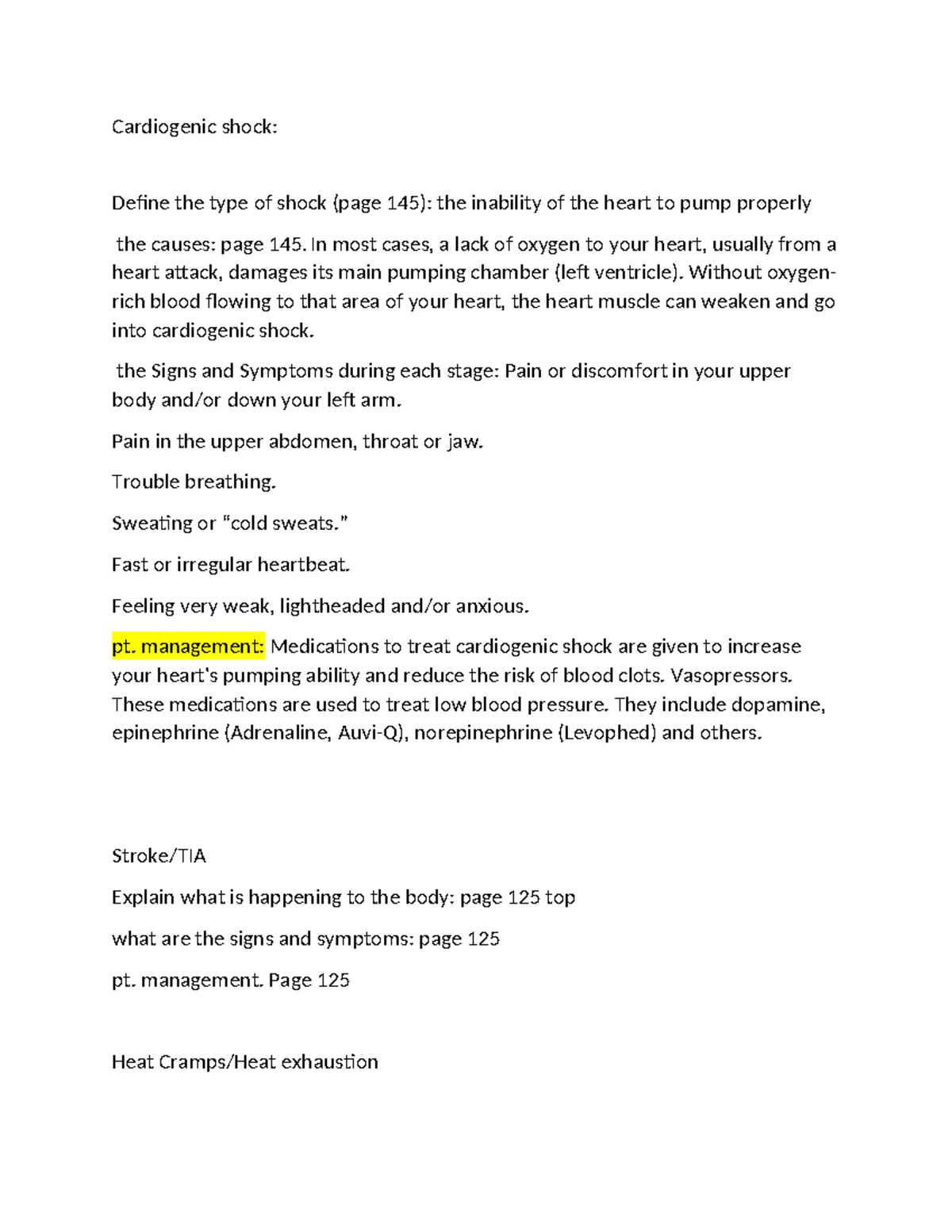 AMFR - Cardiogenic Shock Worksheet & Management Notes - Studocu