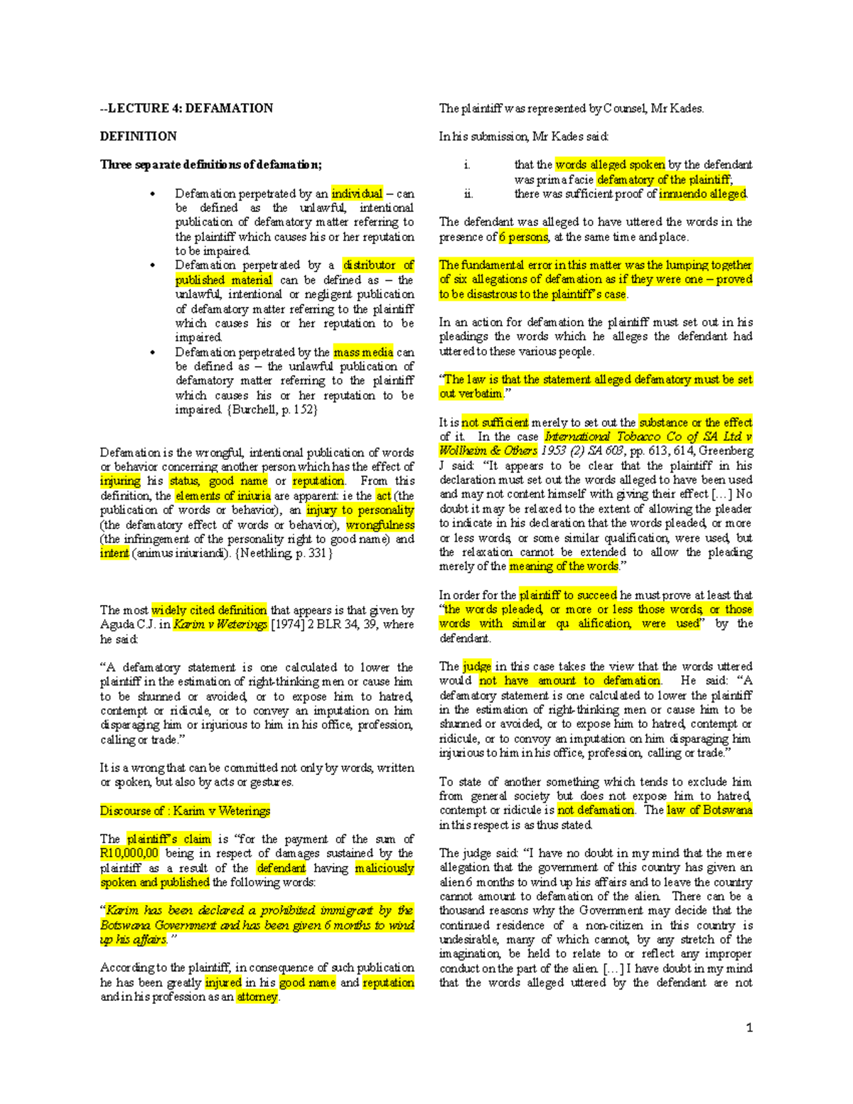 Lecture 4: Defamation in DELICT - Key Concepts and Case Analysis - Studocu