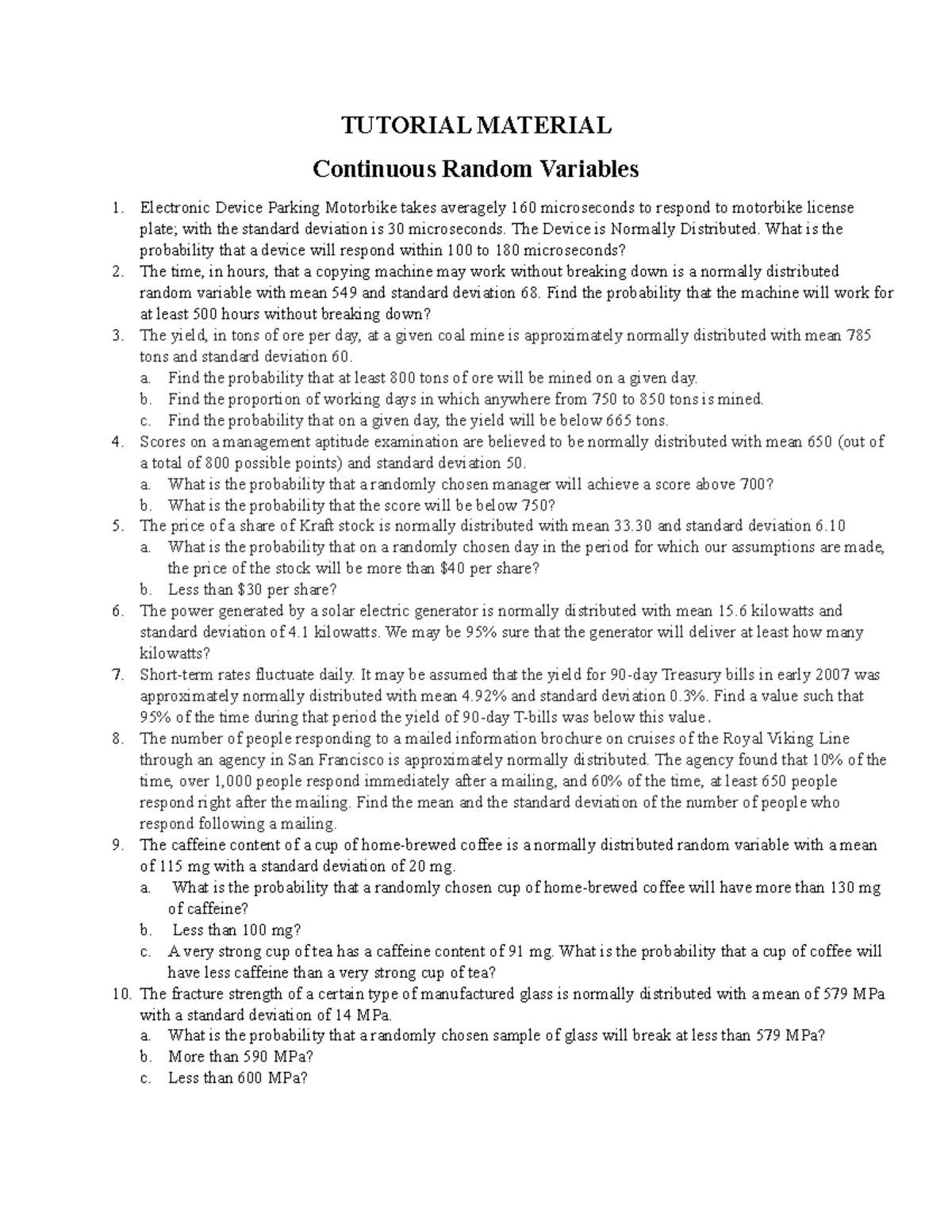 Chap 7 exercises - review final - TUTORIAL MATERIAL Continuous Random ...