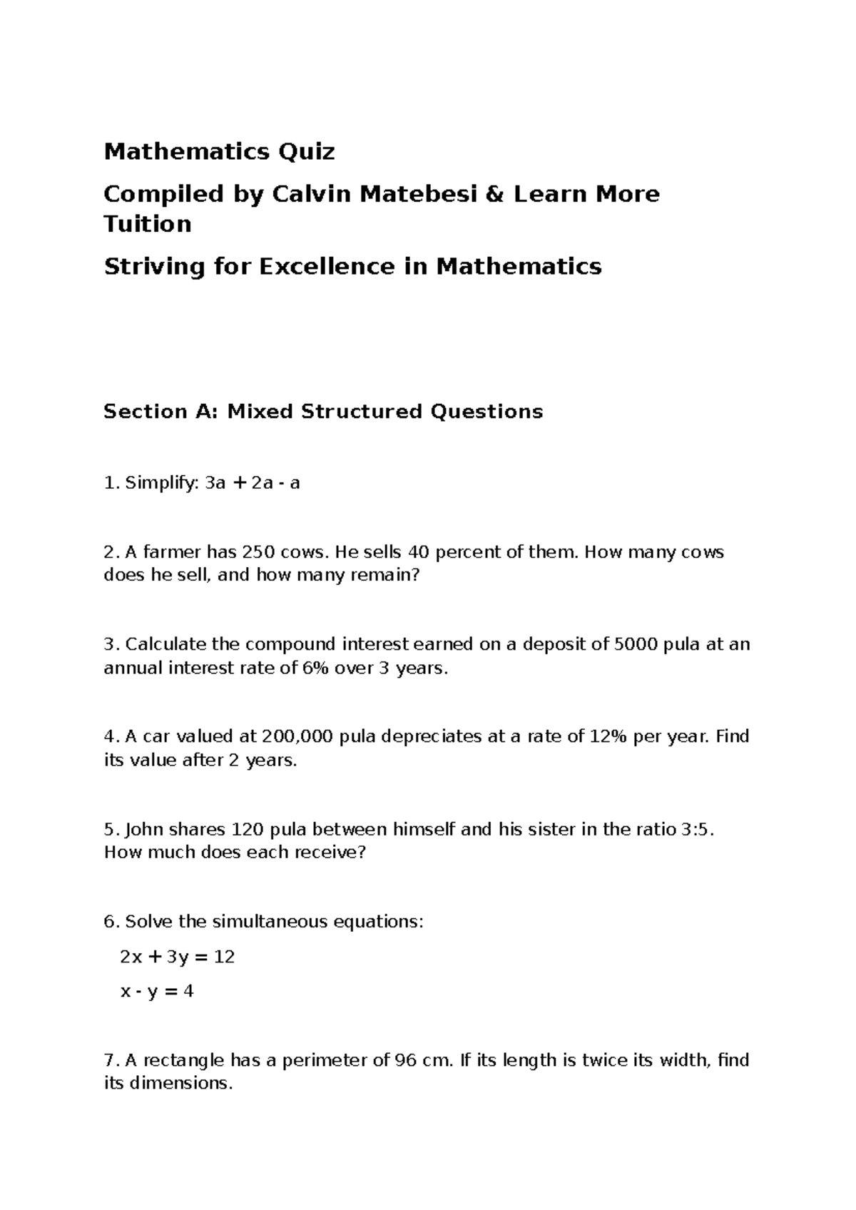 JCE Maths Quiz Questions Term 1: Revision & Practice - Studocu