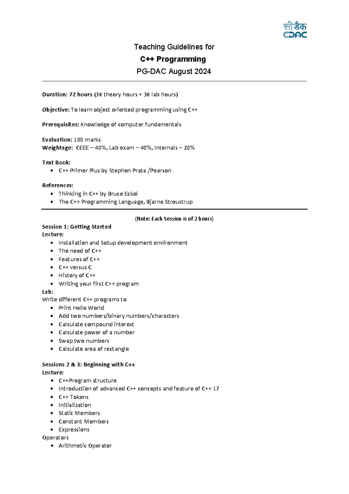 CPP Programming - Syllabus - Teaching Guidelines for C++ Programming PG ...
