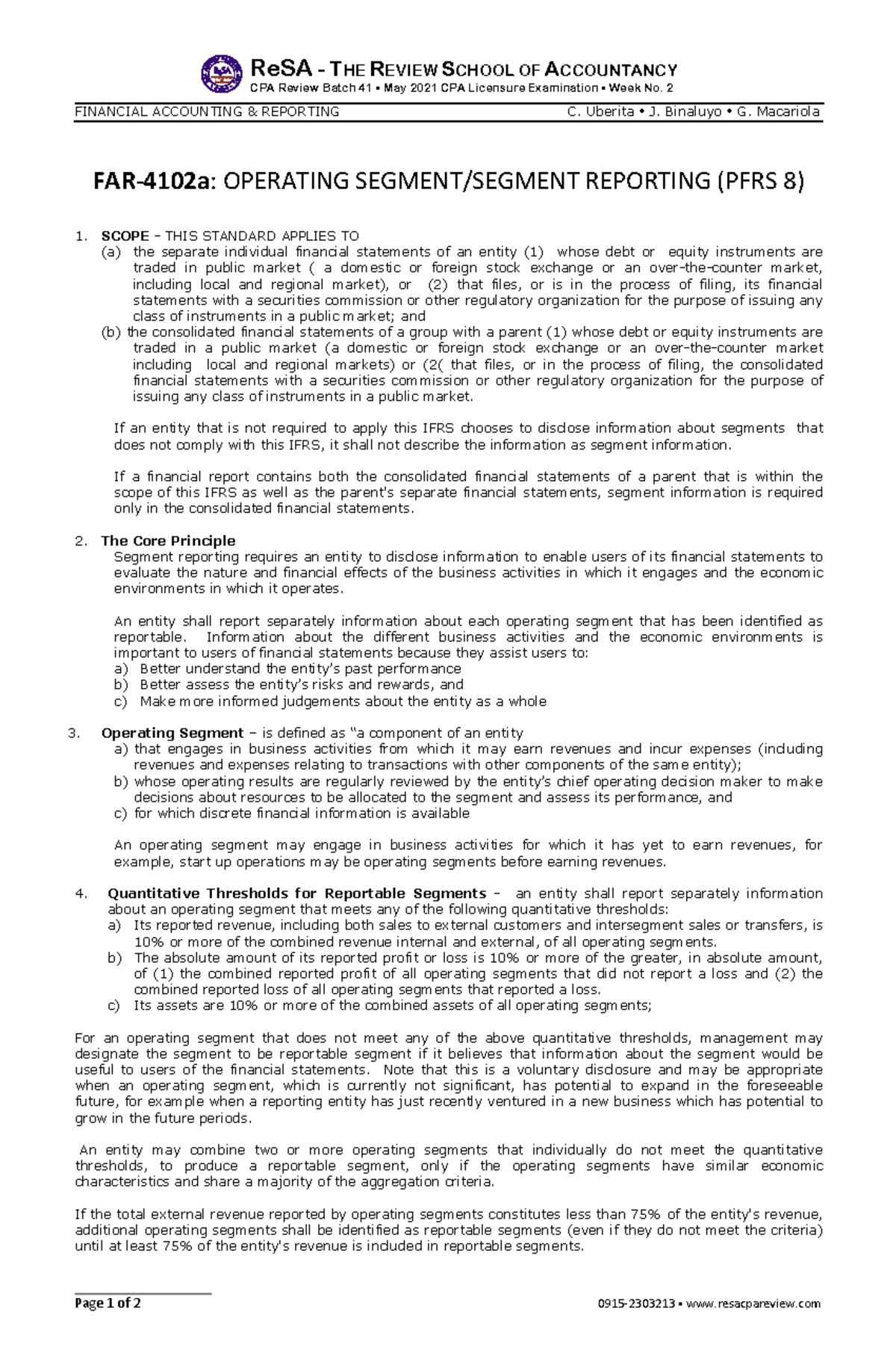 FAR-4102a - Summary BS Accountancy - ReSA - T HE R EVIEW S CHOOL OF A ...