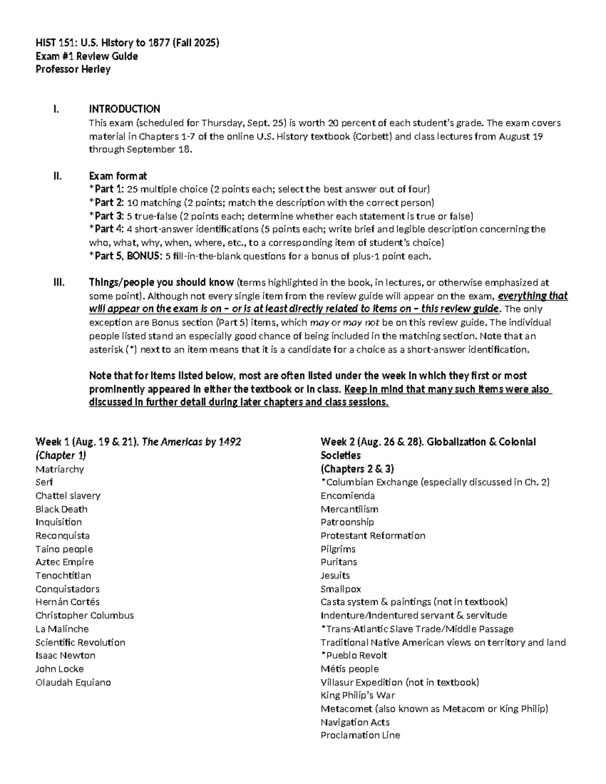 HIST 151: U.S. History to 1877 Exam #1 Review Guide (Fall 2025) - Studocu