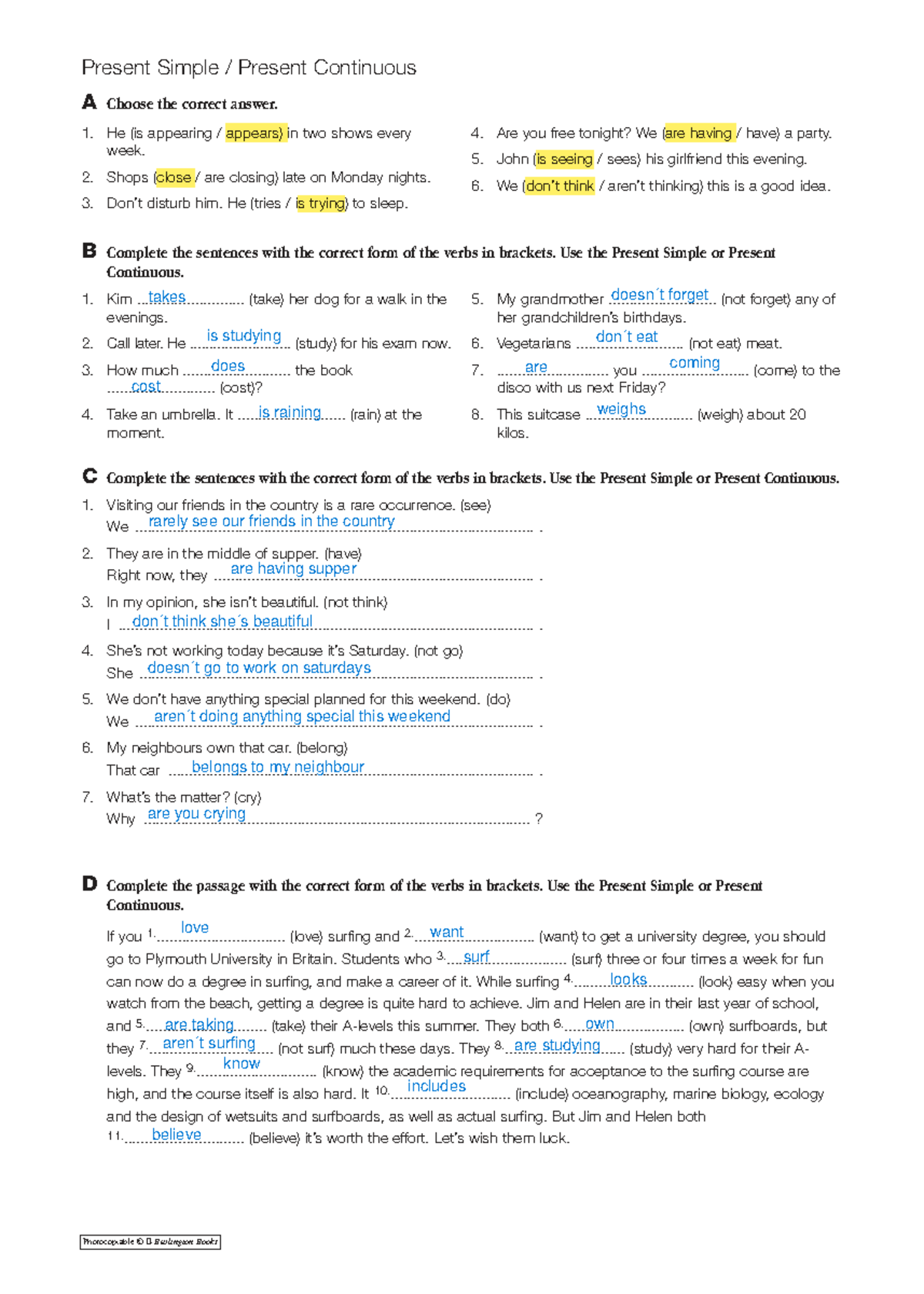 Ejercicios de Present Simple y Present Continuous - Inglés A2 - Studocu