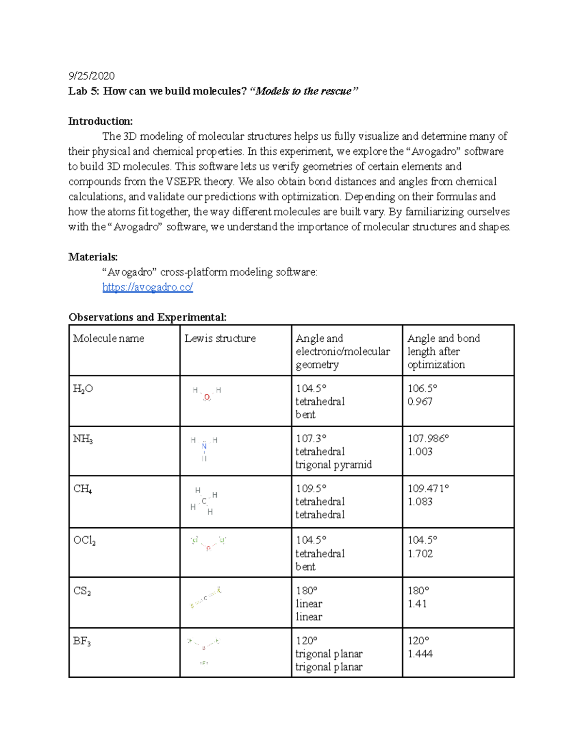 Lab 5 & 6: Exploring Molecular Structures Using VSEPR and Avogadro ...