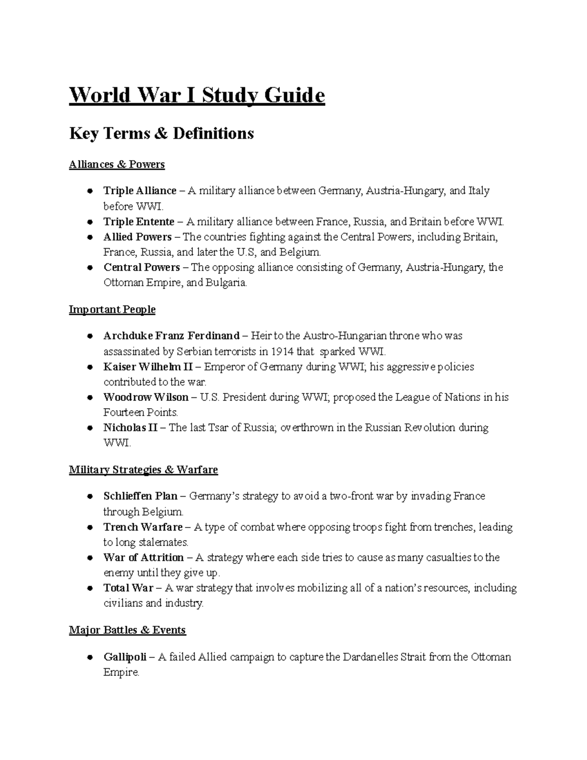 WWI Study Guide: Key Terms, Concepts, and Major Events - Studocu