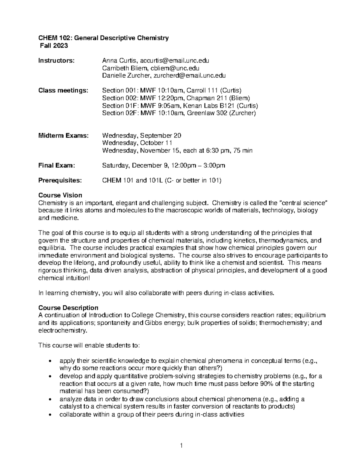 FA23 CHEM 102 Syllabus Overview & Final Exam Information - Studocu