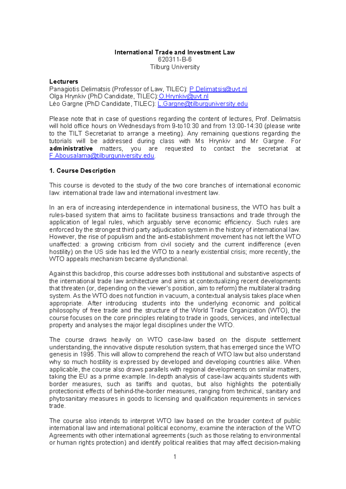 International Trade and Investment Law Syllabus 620311-B- Final 2021 ...