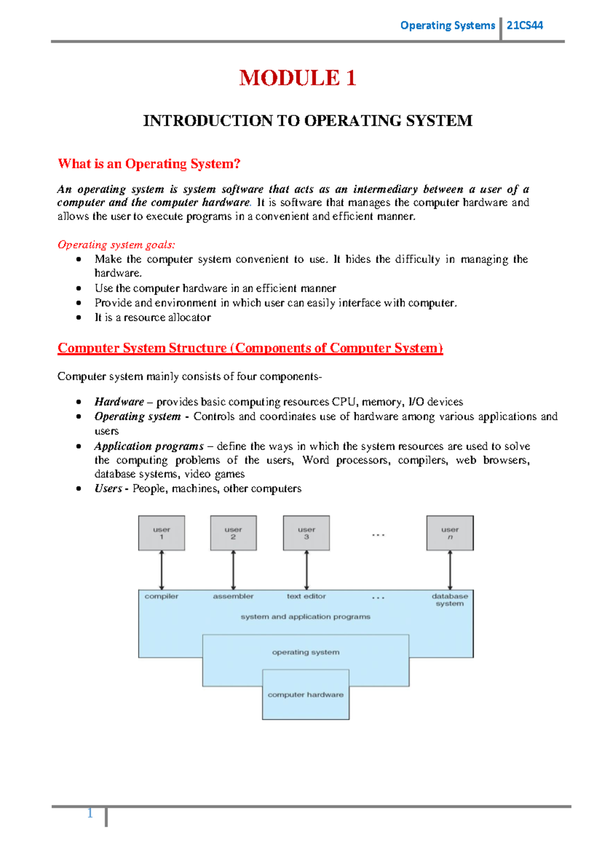 Operating Systems 21CS44 Module 1: Intro to OS Concepts and Functions ...