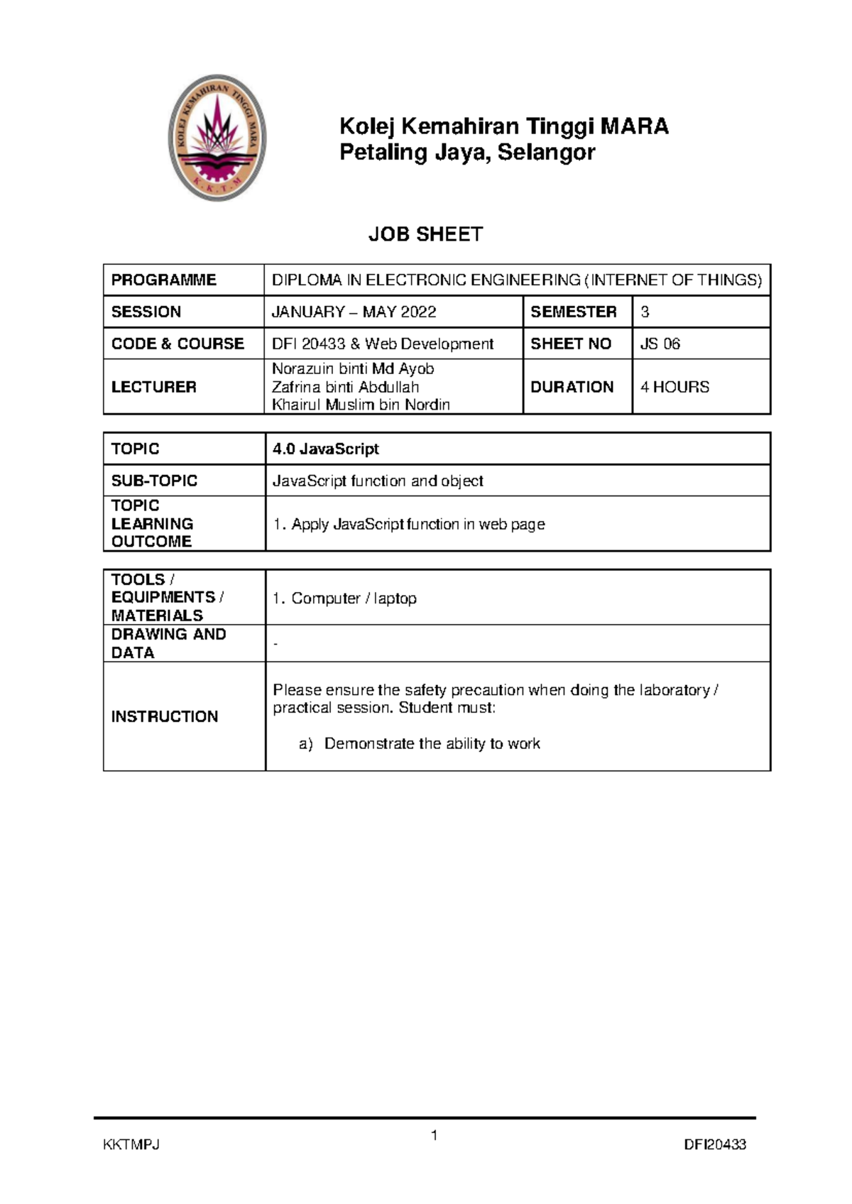 Jobsheet for Basic Javascript 01 - JOB SHEET PROGRAMME DIPLOMA IN ...