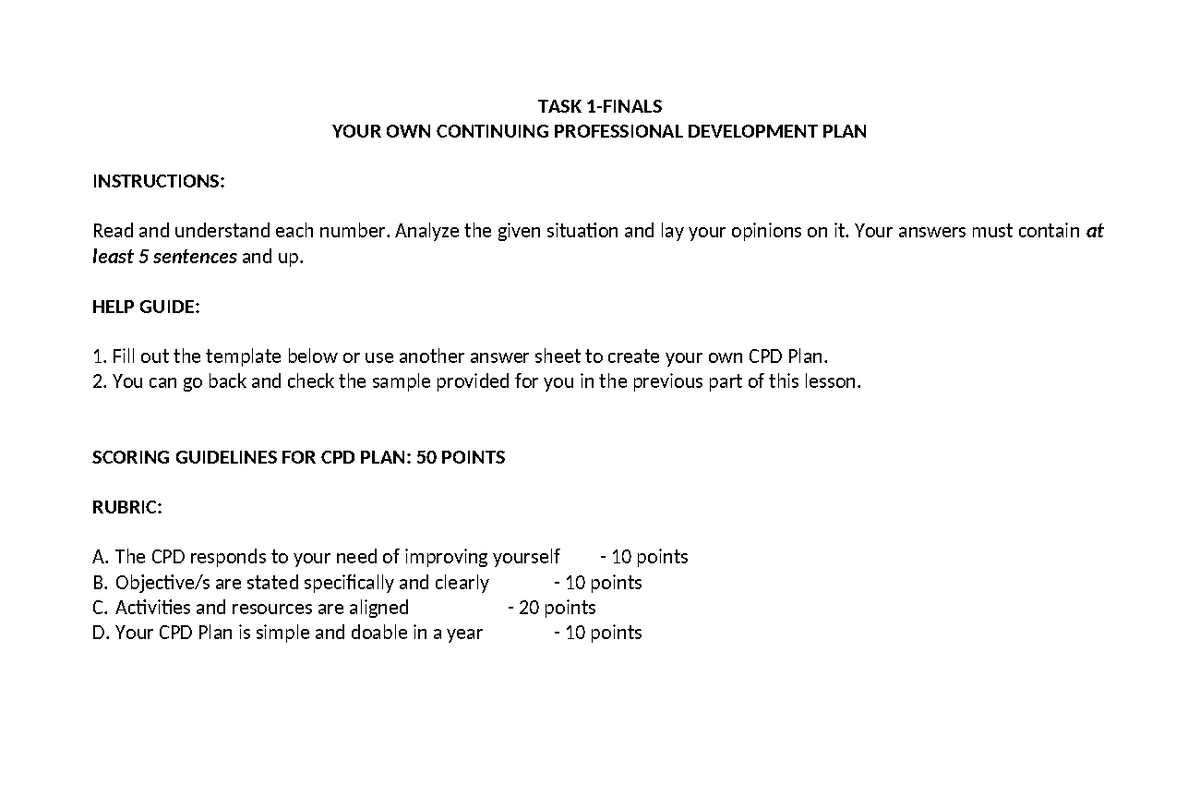 TASK 1 - Jsjs - TASK 1-FINALS YOUR OWN CONTINUING PROFESSIONAL ...