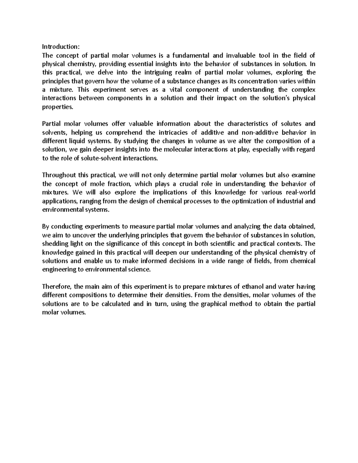 S11192448 CH203 Partial Molar Volumes Experiment Report S2 2023 - Studocu