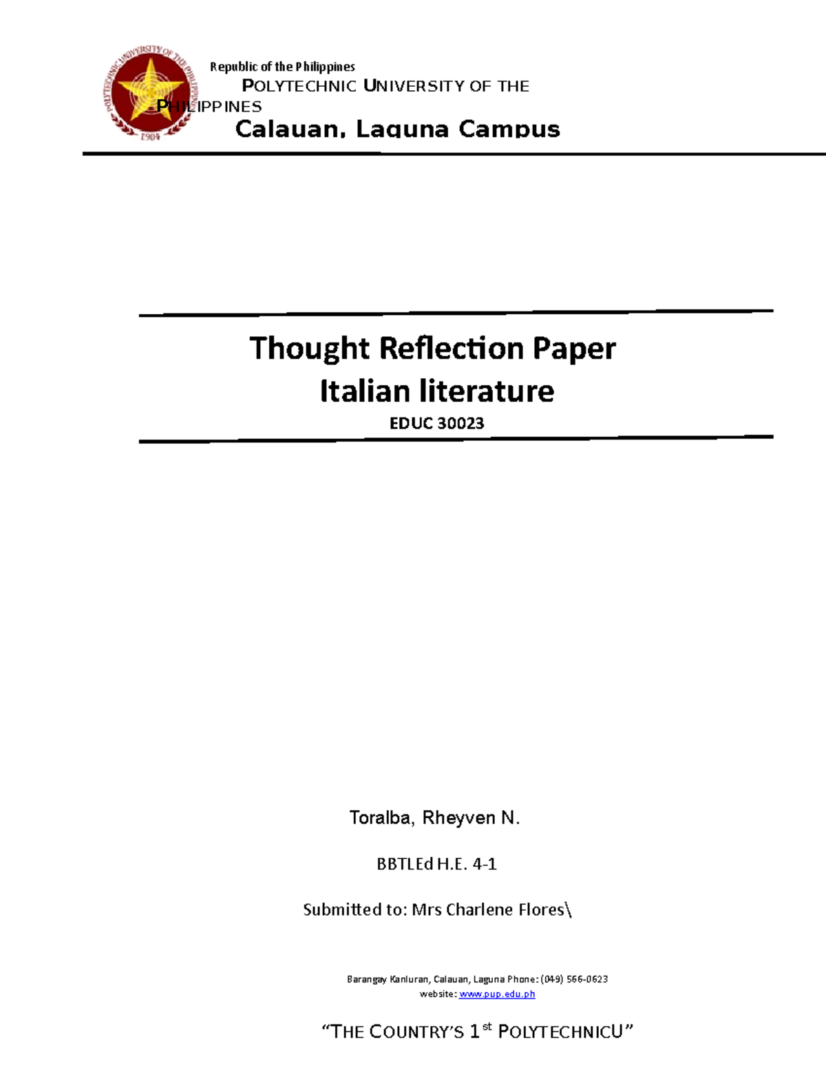 Toralba,Rheyven TRP 3 - Reflection - Thought Reflection Paper Italian ...