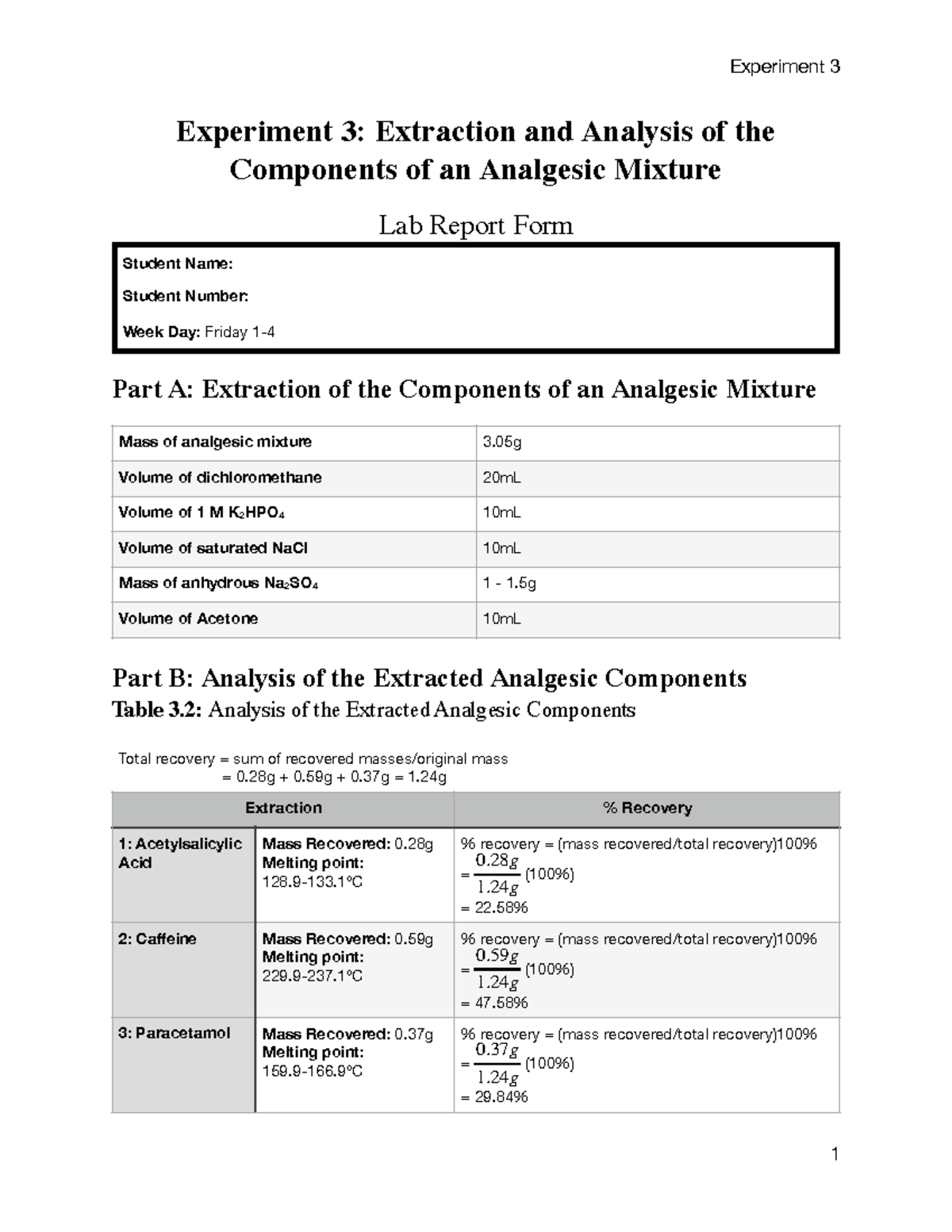Orgo 3 Lab Report: Extraction & Analysis of Analgesic Components