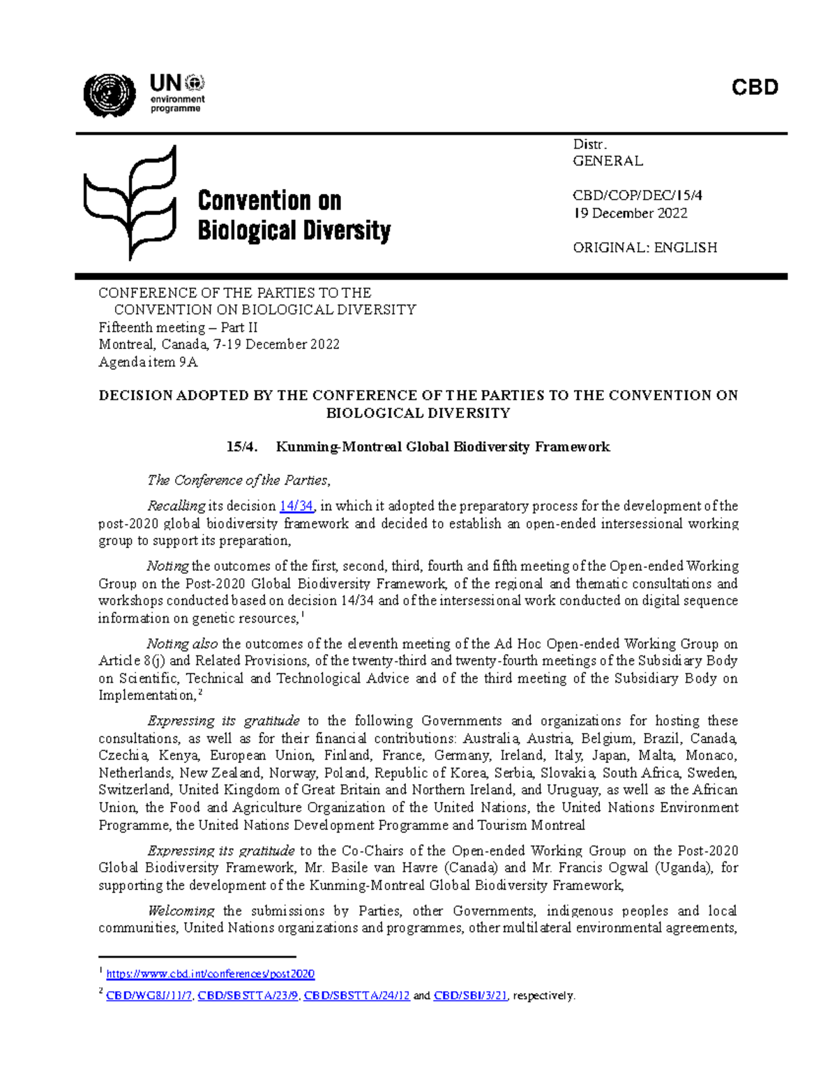 Kunming-Montreal Global Biodiversity Framework - COP15 Decisions - Studocu