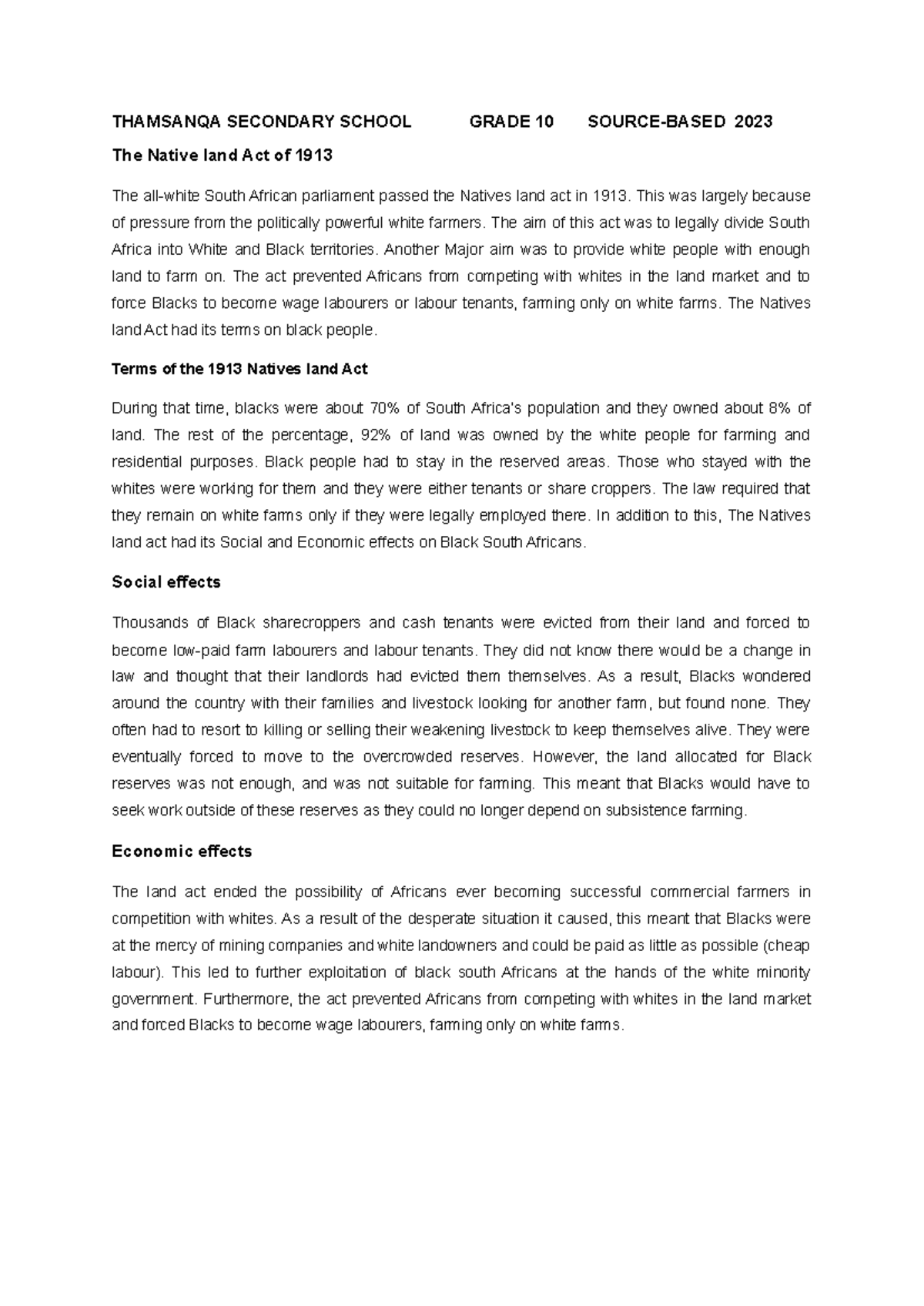 Grade 10 S.B. Notes: Analysis of the 1913 Native Land Act - Studocu
