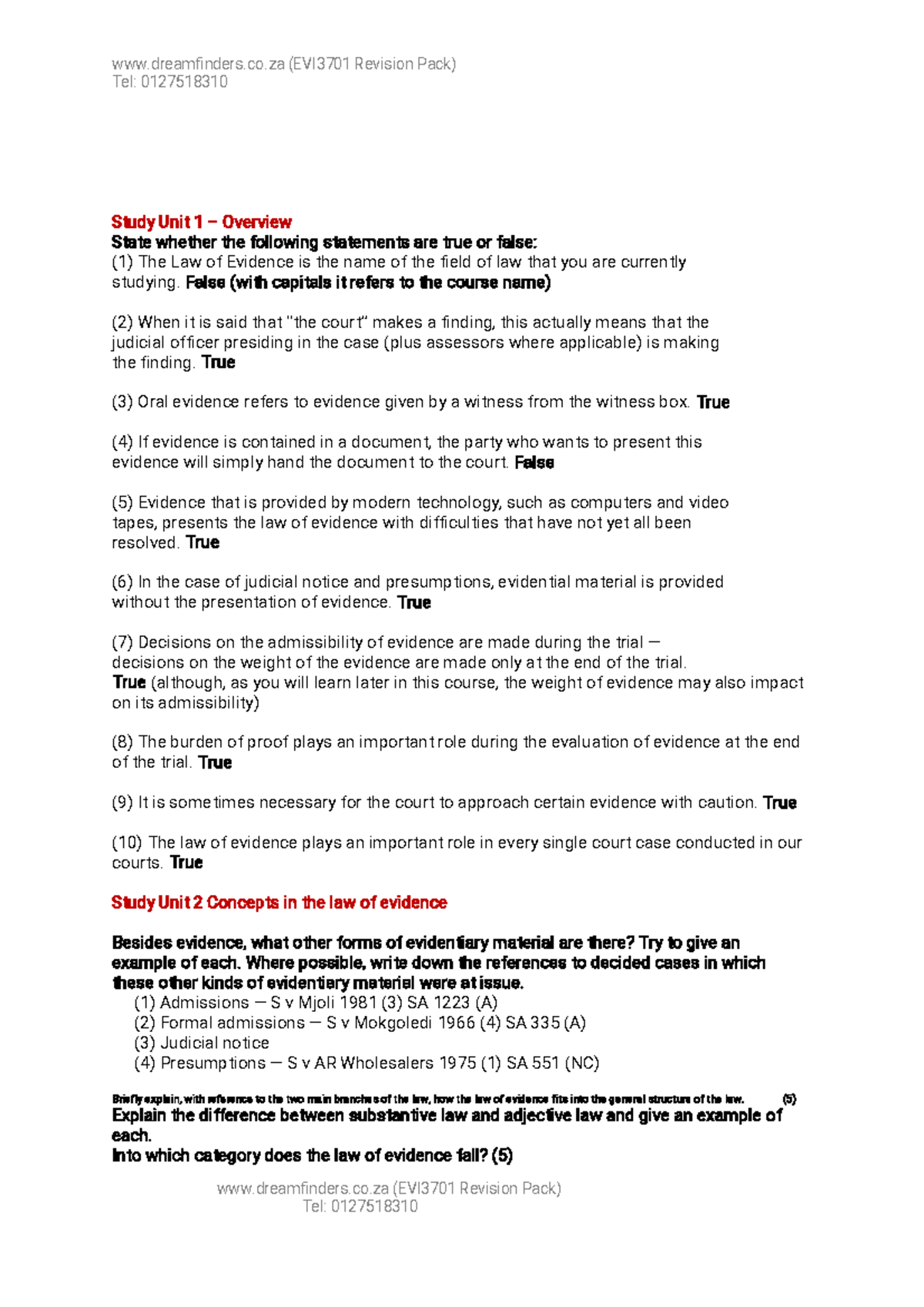 EVI3701 Final Exam Revision Pack on the Law of Evidence - Studocu