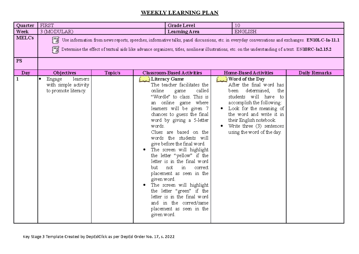 WLP Q1 W3 English 10 - WEEKLY LEARNING PLAN Quarter FIRST Grade Level ...