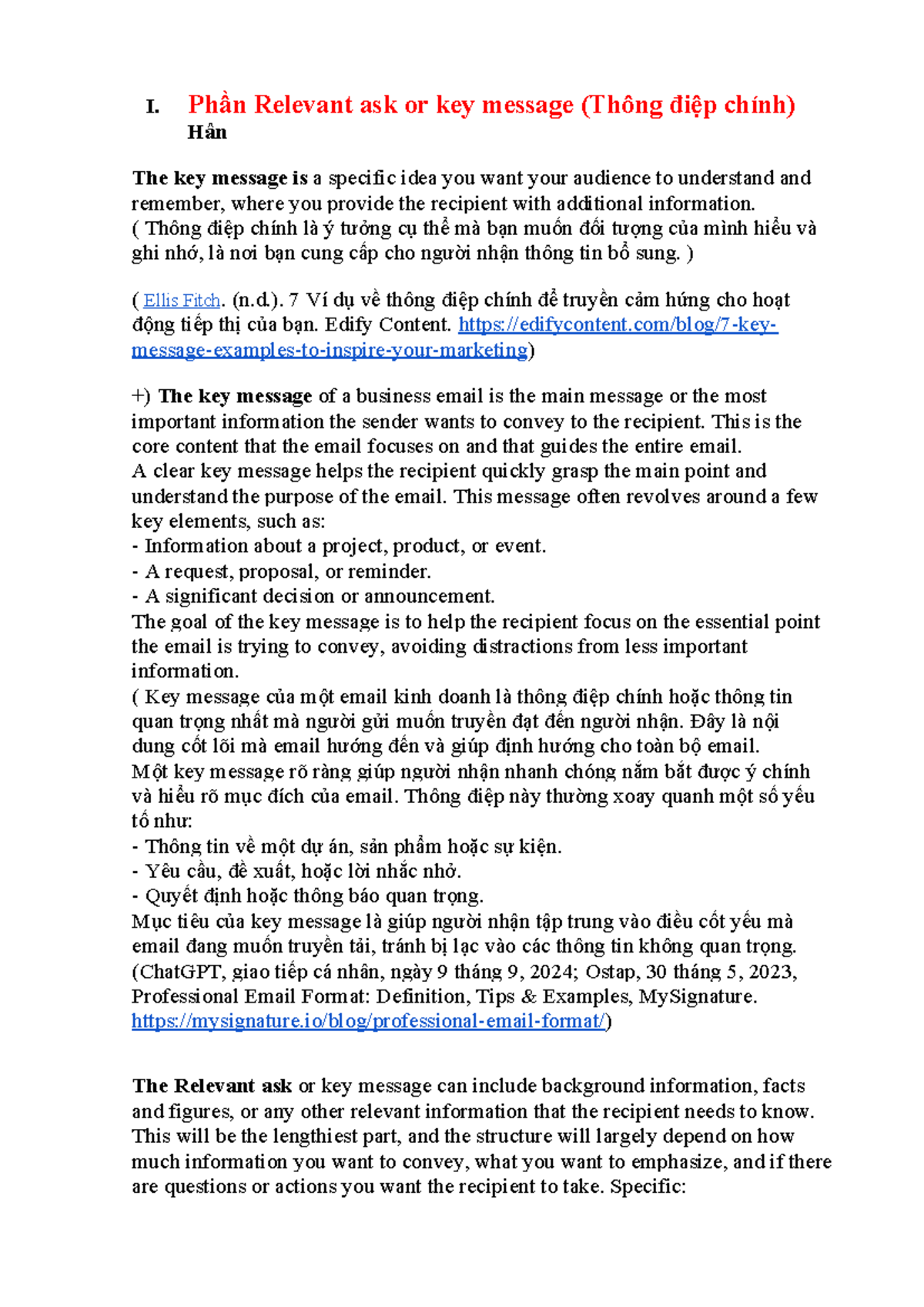 Businesss - kbgilknjhft - I. Phần Relevant ask or key message (Thông ...