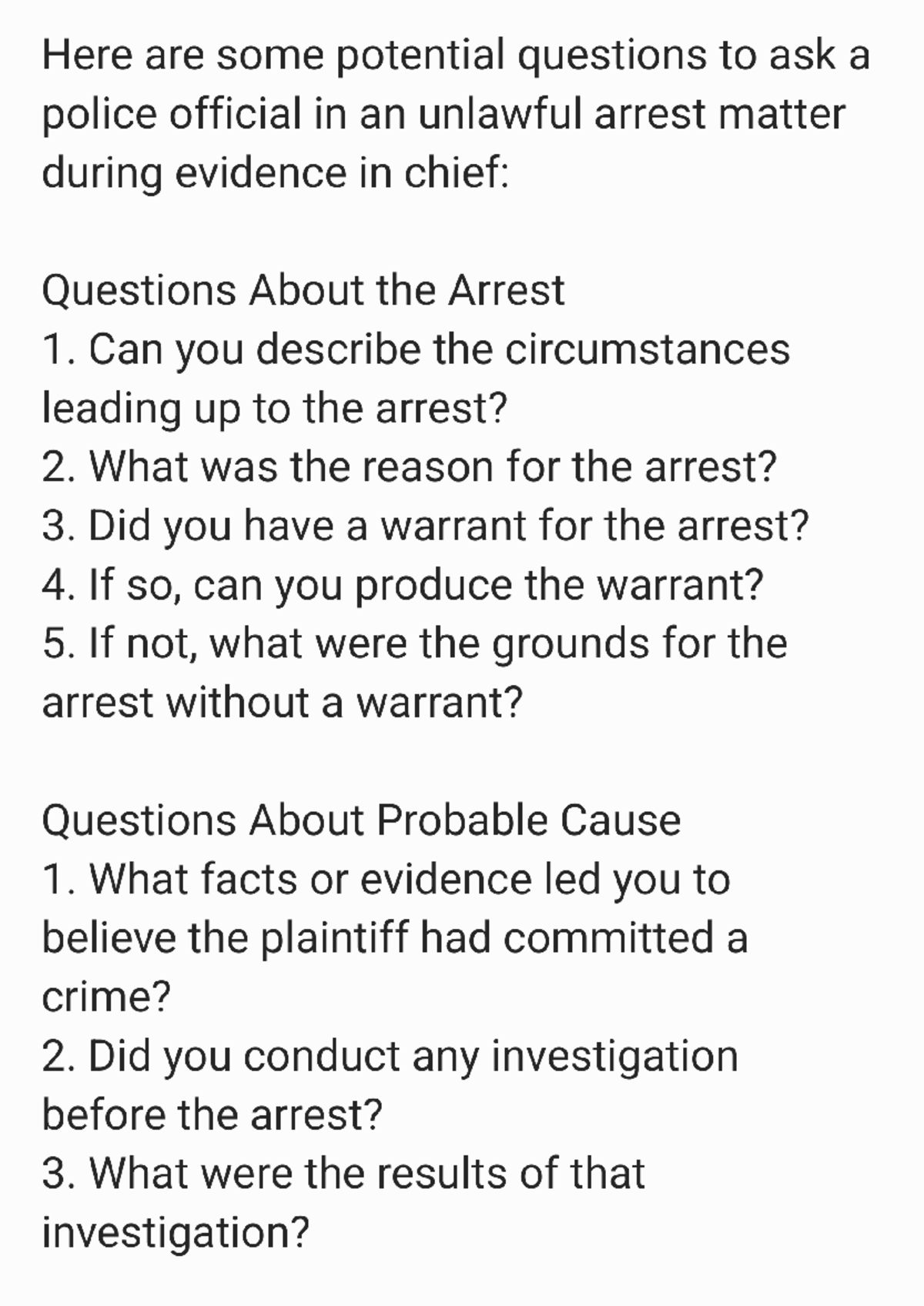 Unlawful Arrest Questions for Evidence in Chief: A Guide - Studocu