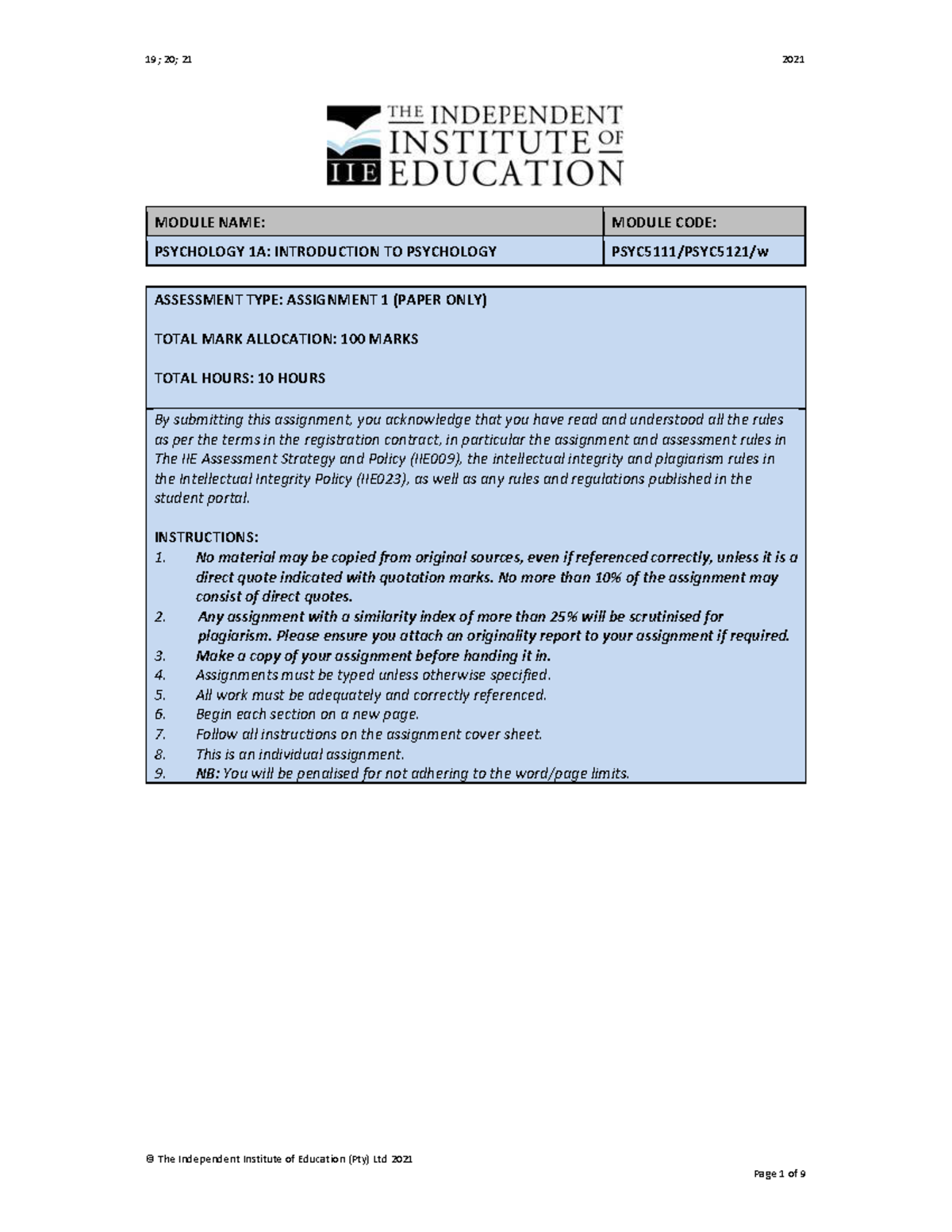 PSYC5111 Assessment type: Assignment 1 PSYCHOLOGY 1A: INTRODUCTION TO ...