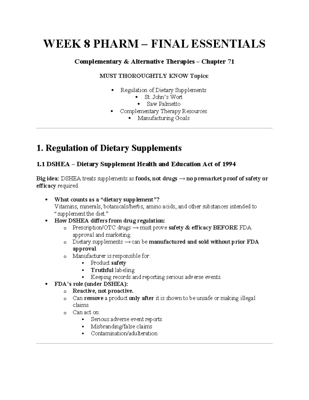 WEEK 8 PHARM FINAL EXAM ESSENTIALS: Complementary & Alternative ...