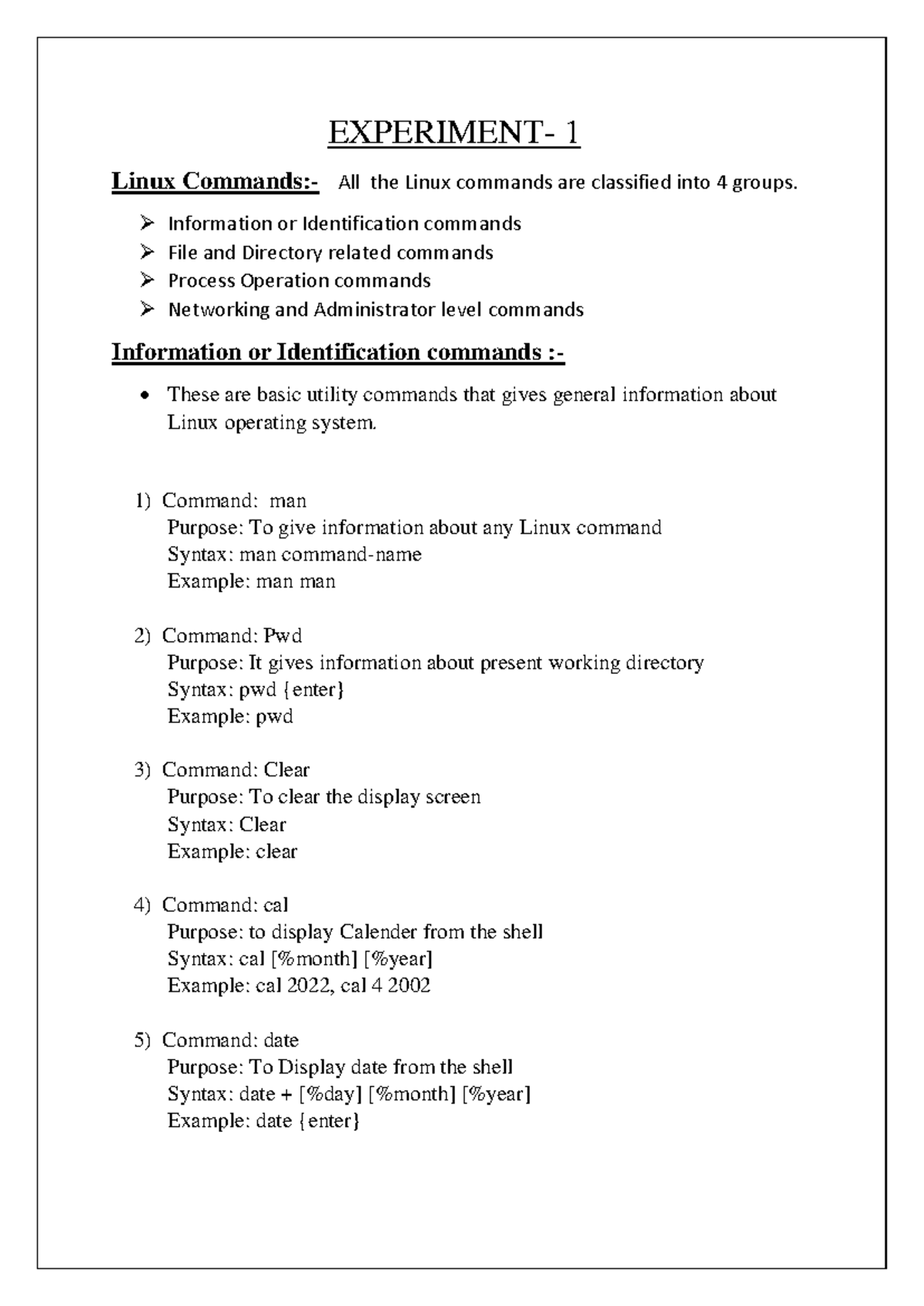 Linux Commands and System Calls: Experiment Notes (CS101) - Studocu