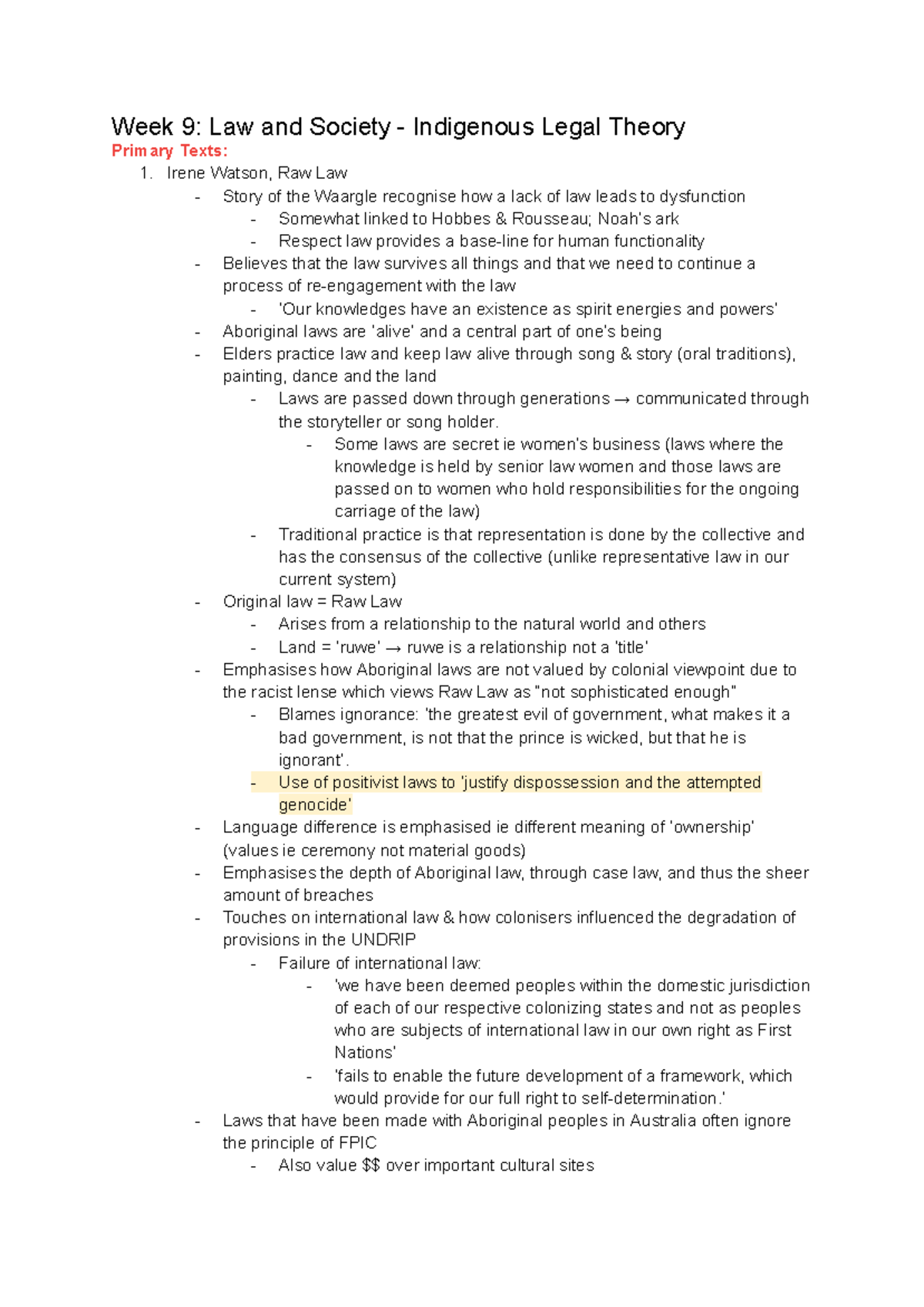 Indigenous Legal Theory Reading Notes (LAW 9) - Studocu