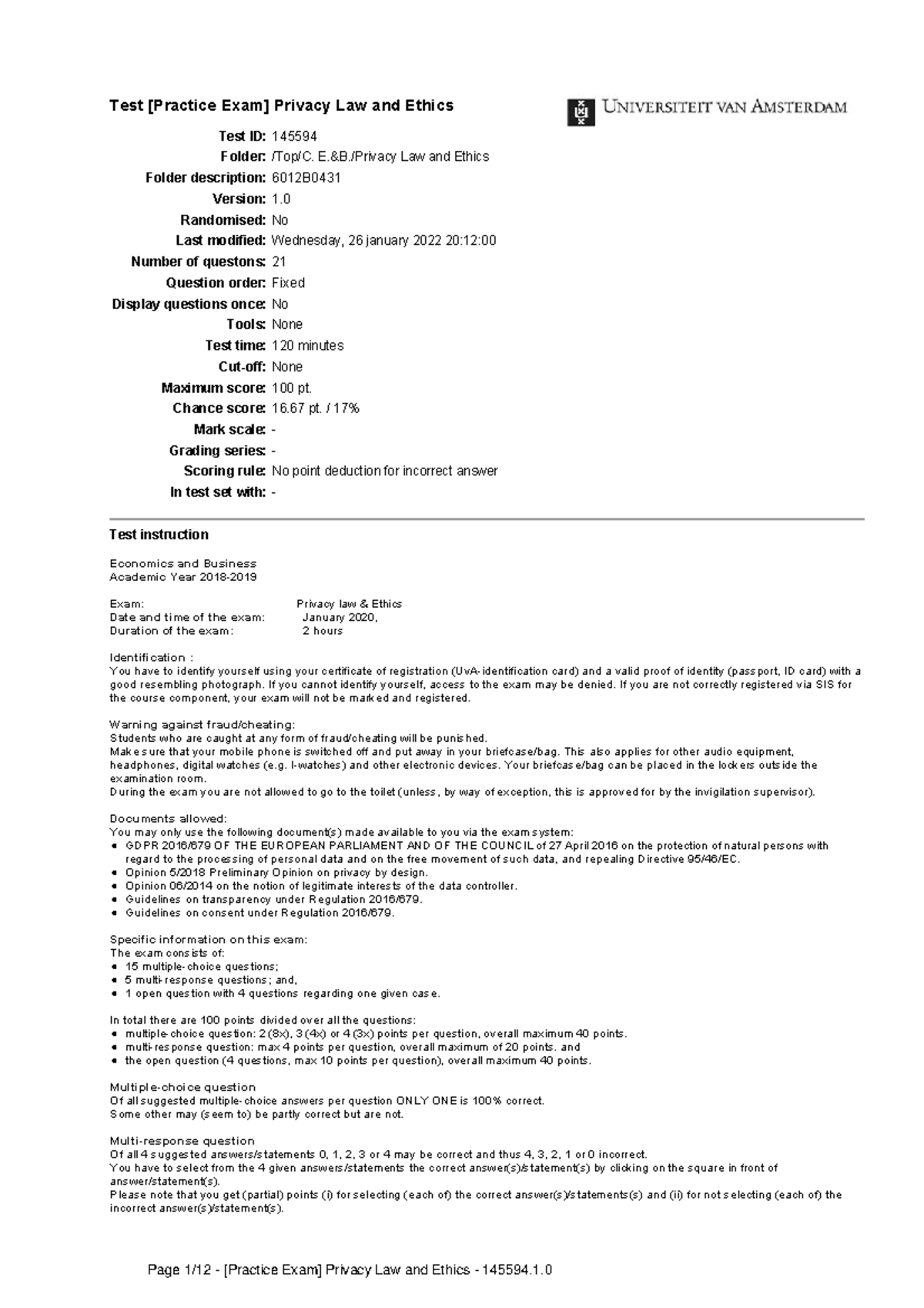 Mock Exam 6012B: Privacy Law & Ethics Practice Questions - Studeersnel