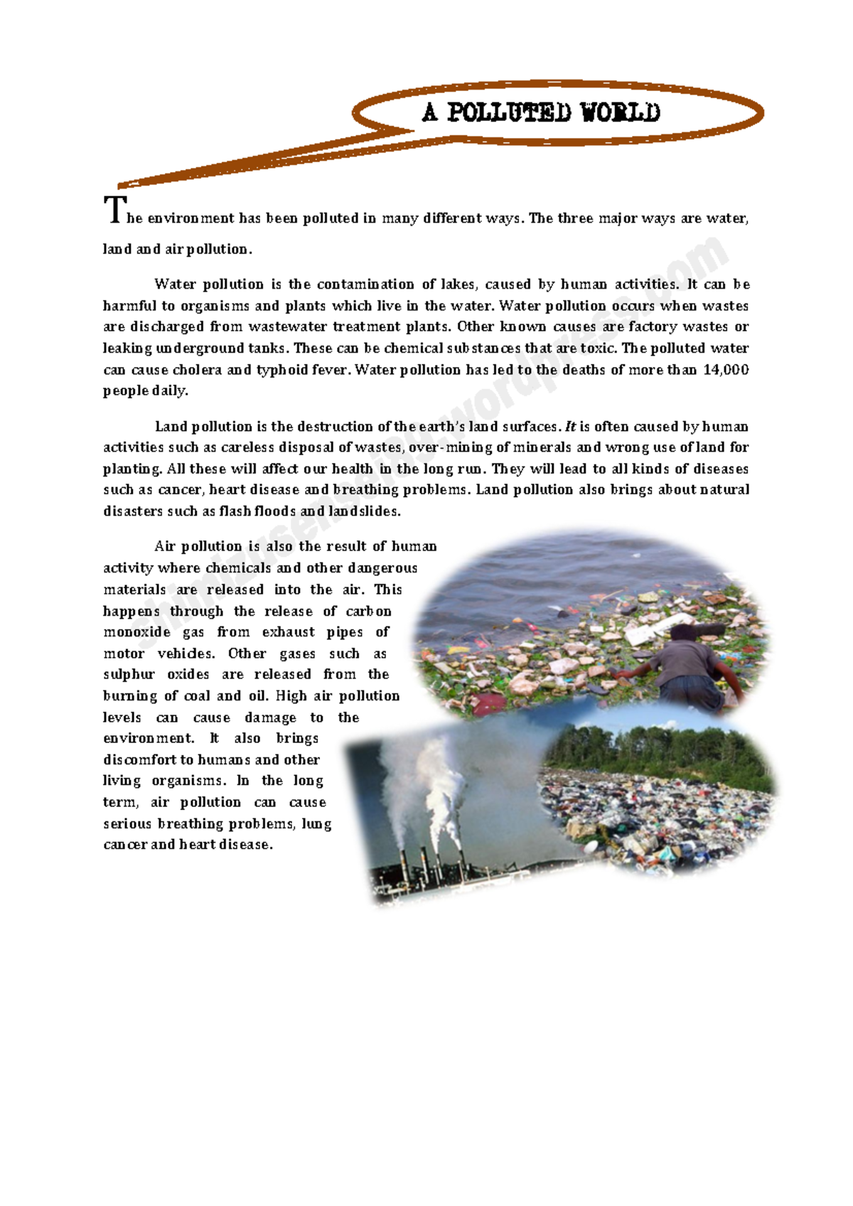 A polluted world - Reading about all kinds of pollution - A POLLUTED ...