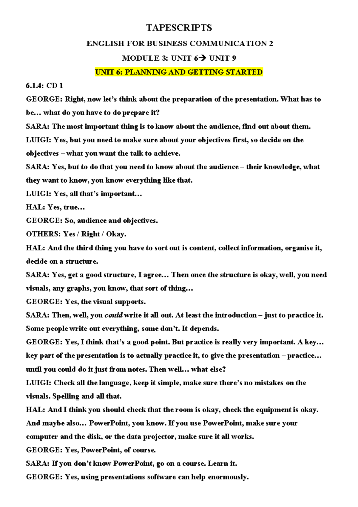 English for Business Communication: Tapescripts for Modules 3, Units 6 ...
