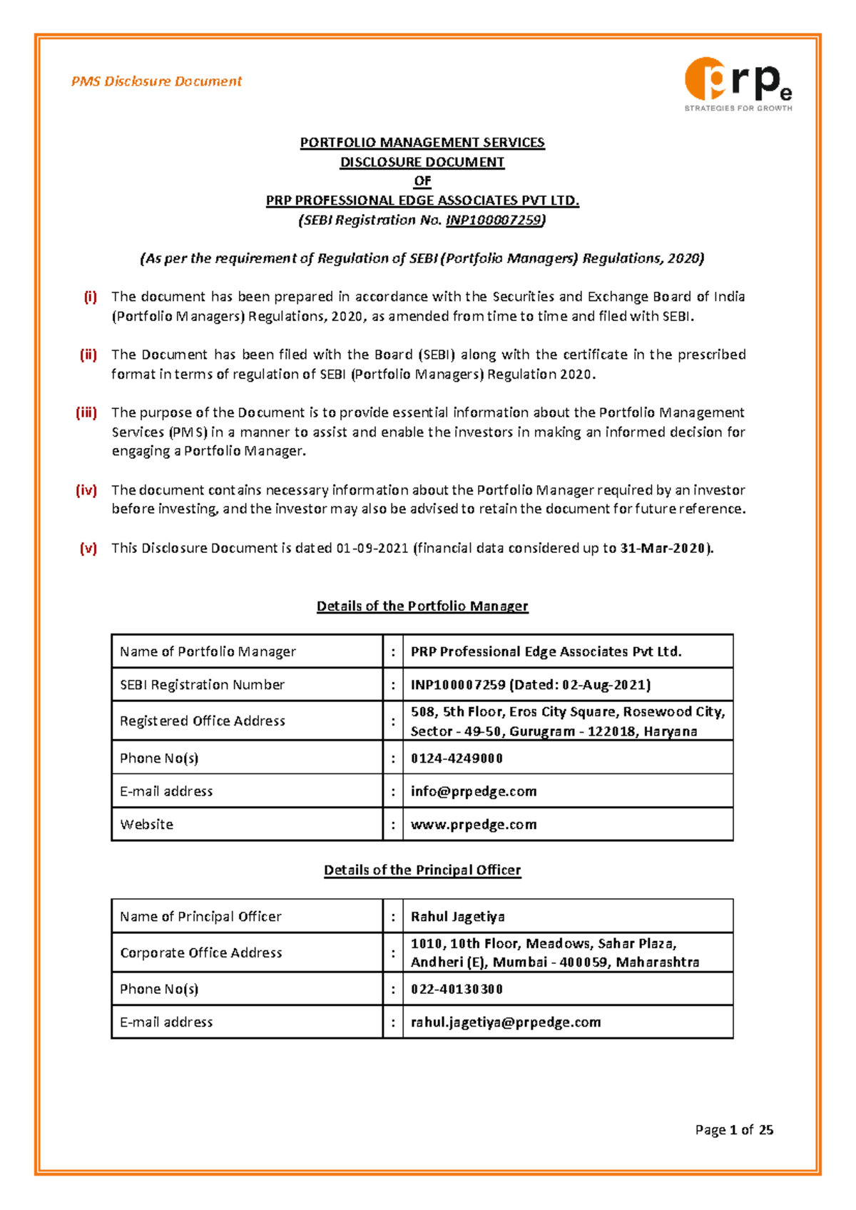PMS Disclosure Document 01092021 - PORTFOLIO MANAGEMENT SERVICES ...