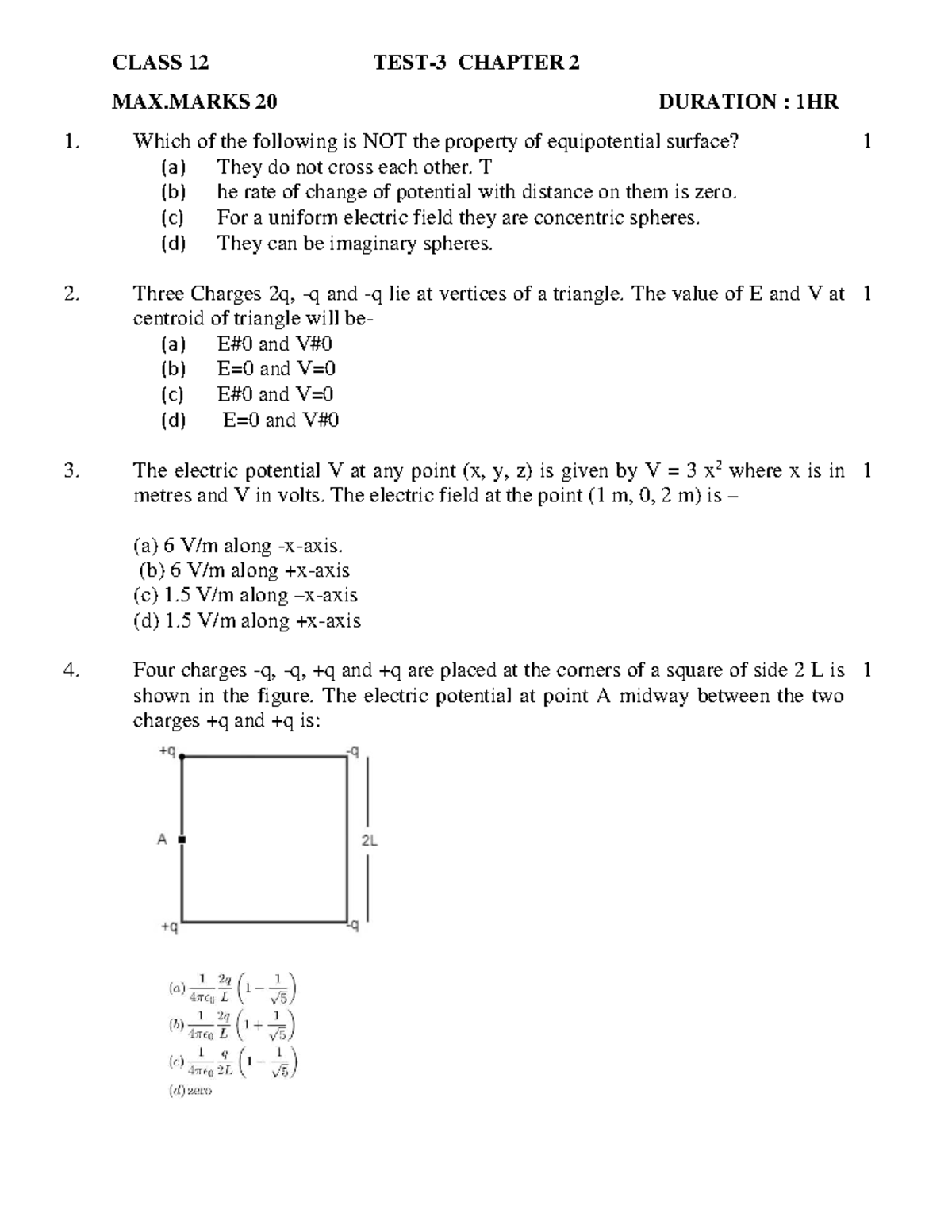CLASS 12 CHAPTER 2 POTENTIAL NOTES MAX. MARKS 20 - Studocu