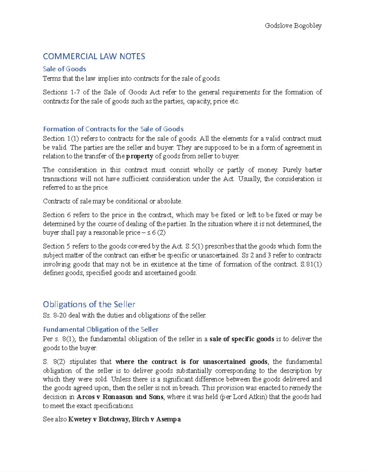 Commercial LAW Lecture Notes: Sale of Goods Overview - Studocu