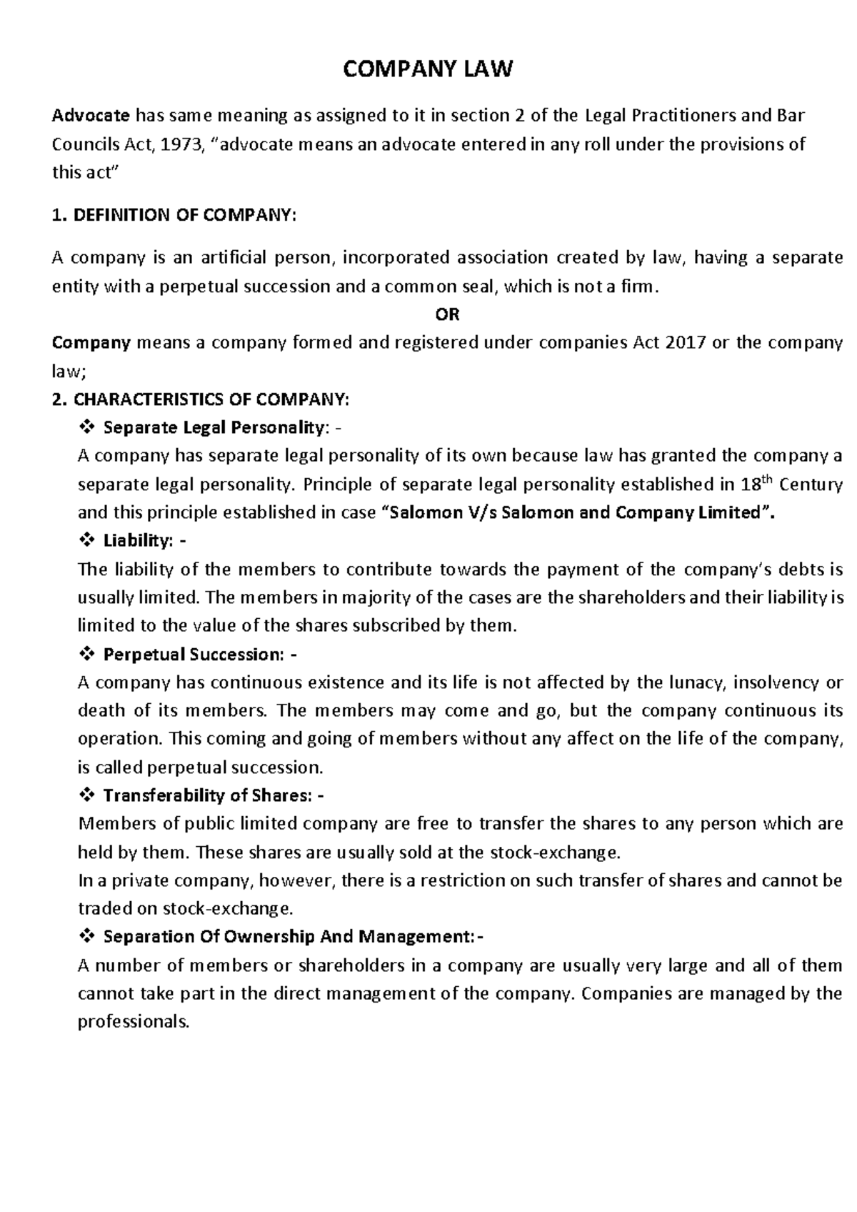 Company Law Lecture Notes: Key Principles and Characteristics - Studocu