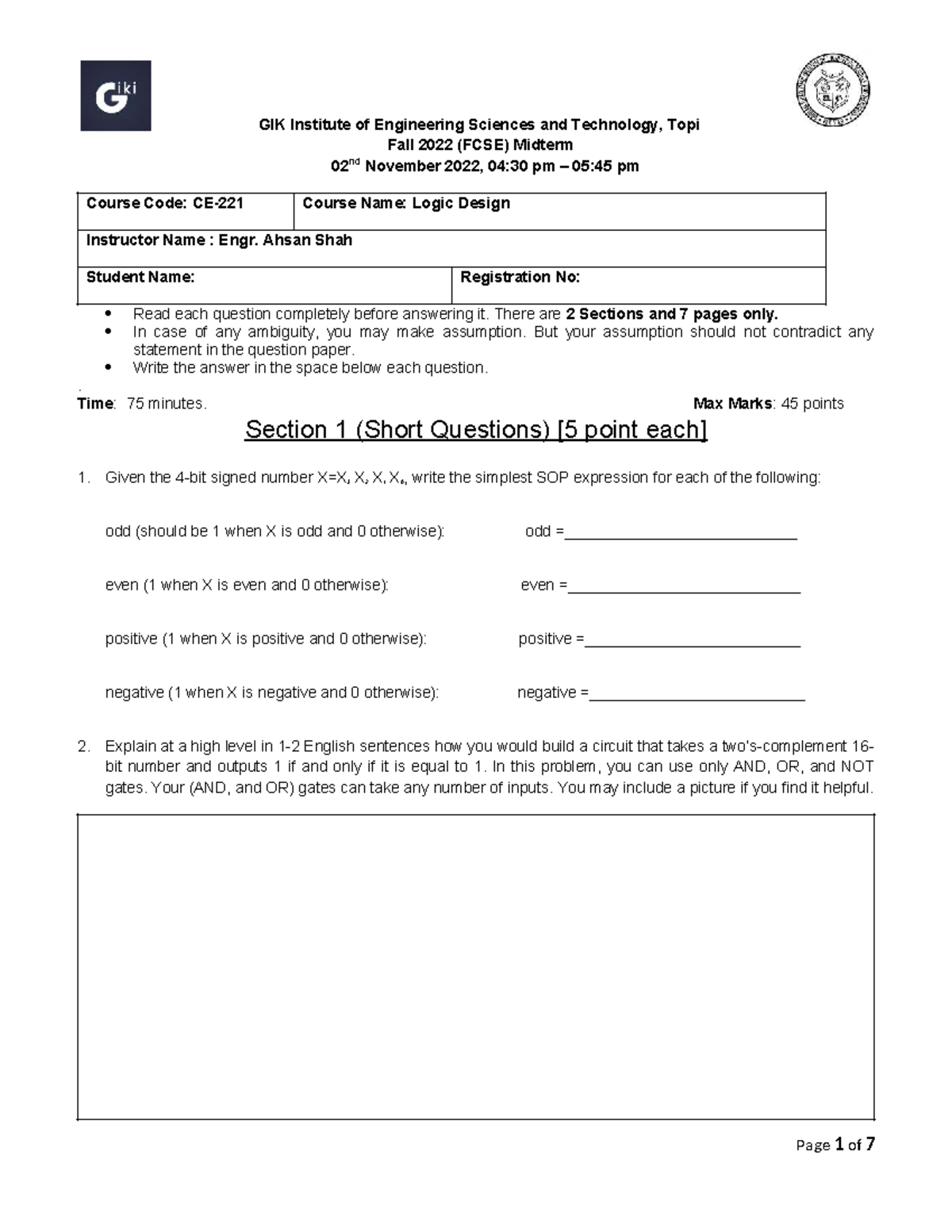 DLD FCSE Midterm Exam Fall 2022 - Logic Design Questions - Studocu