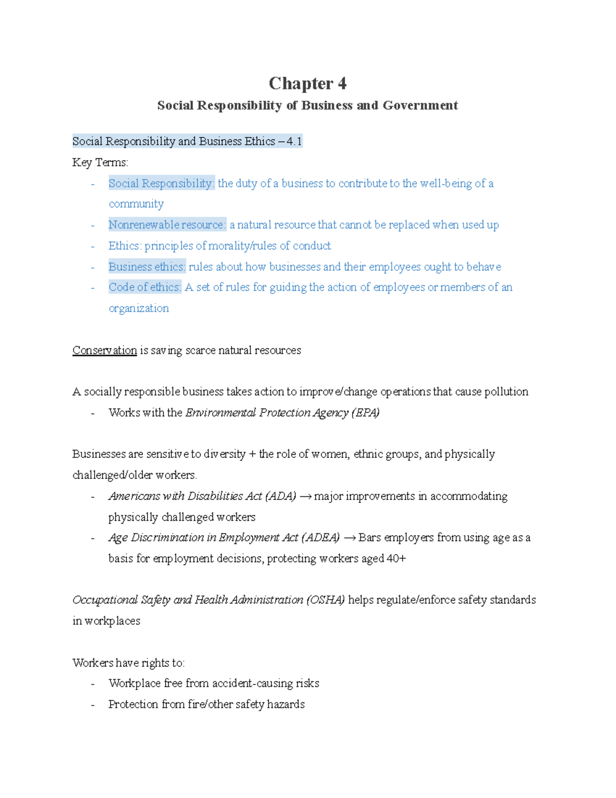 Chapter 4 Notes - Chapter 4 Social Responsibility of Business and ...