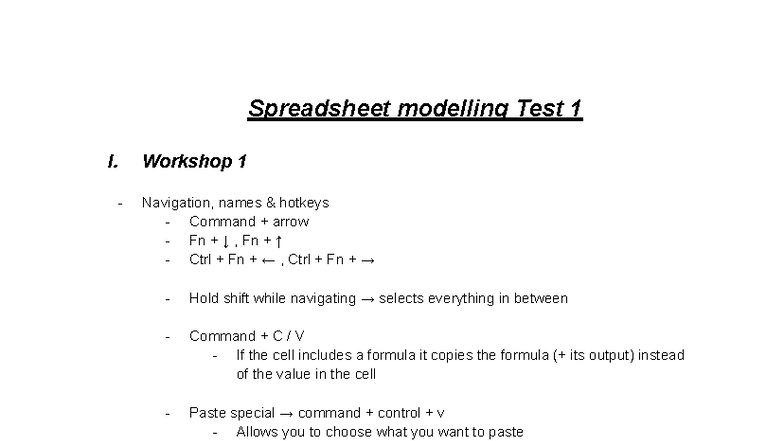 Spreadsheet Modelling Test 1 Workshop 1 Excel Functions Formulas