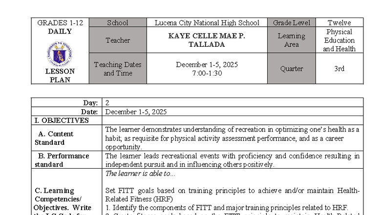 DLP 2 Q3 Lesson 2: Understanding the FITT Principle in PE - Studocu