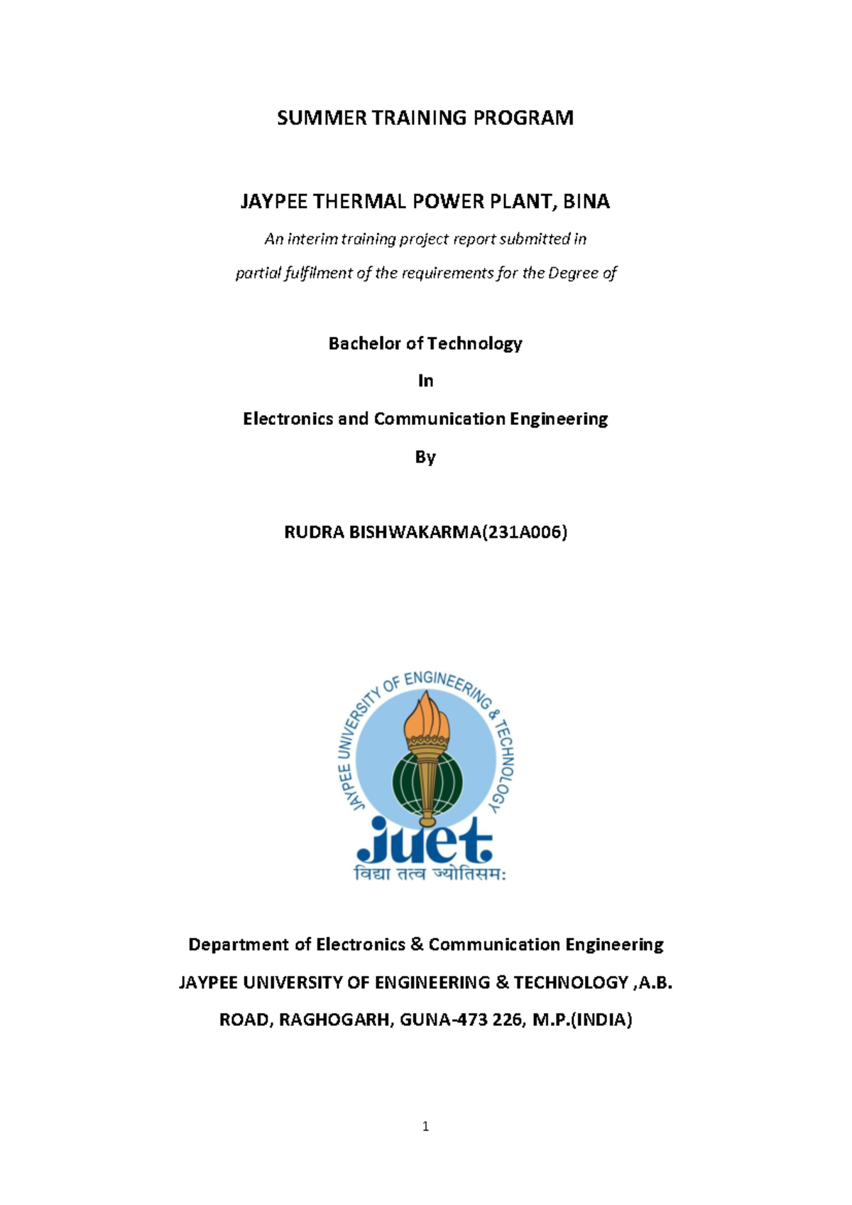 B.Tech ECE Summer Training Report at Jaypee Thermal Power Plant - Studocu
