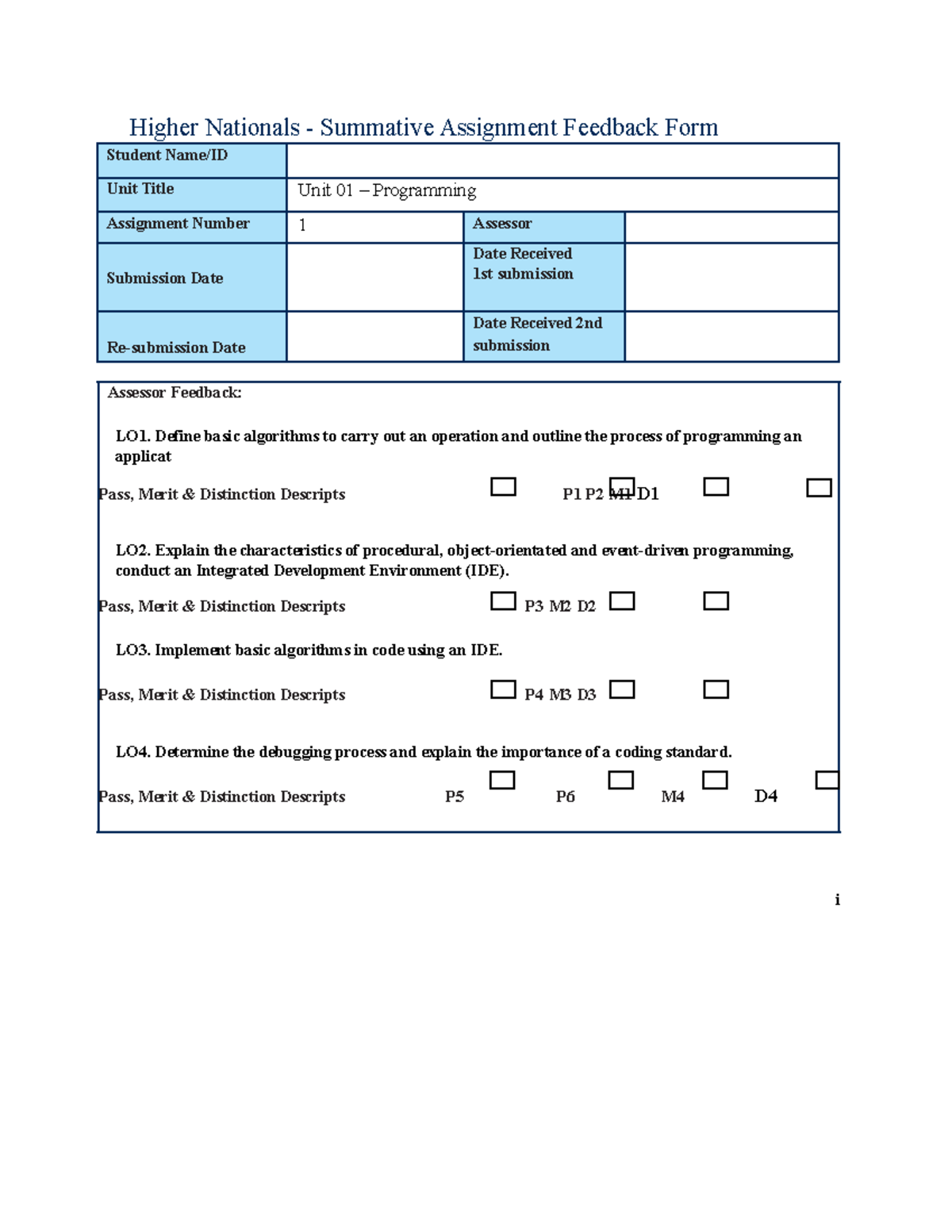 Unit 01: Programming - Activity 01 Assignment Feedback Form - Studocu