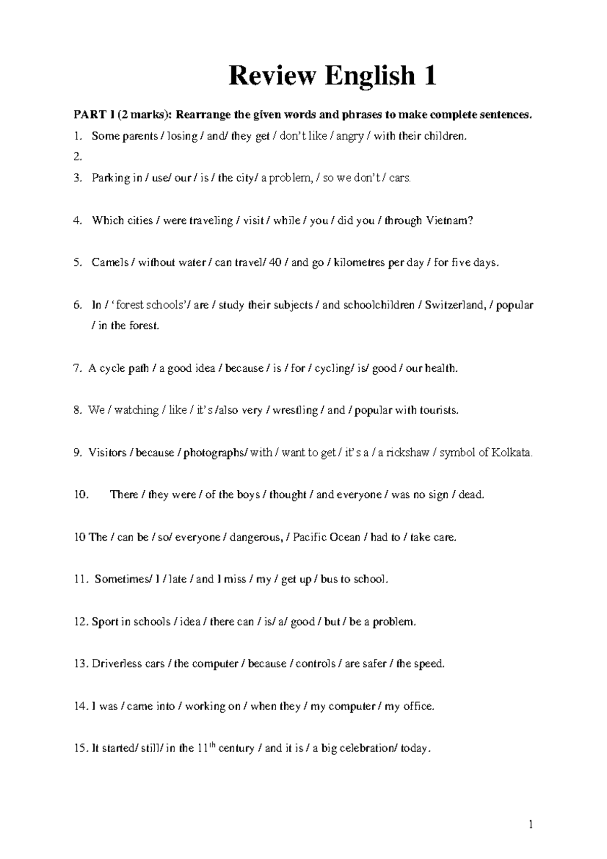 English 1 Review: Sentence Rearrangement & Text Writing Exercises - Studocu