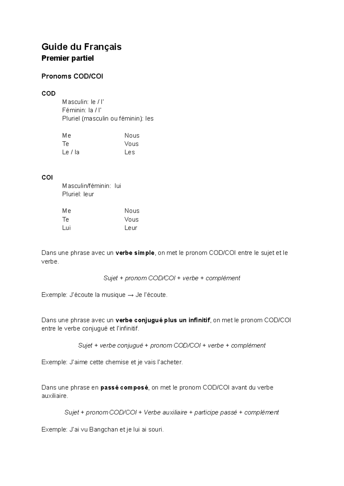 Guide du Français 7TR - Utilisation des Pronoms COD et COI - Studocu