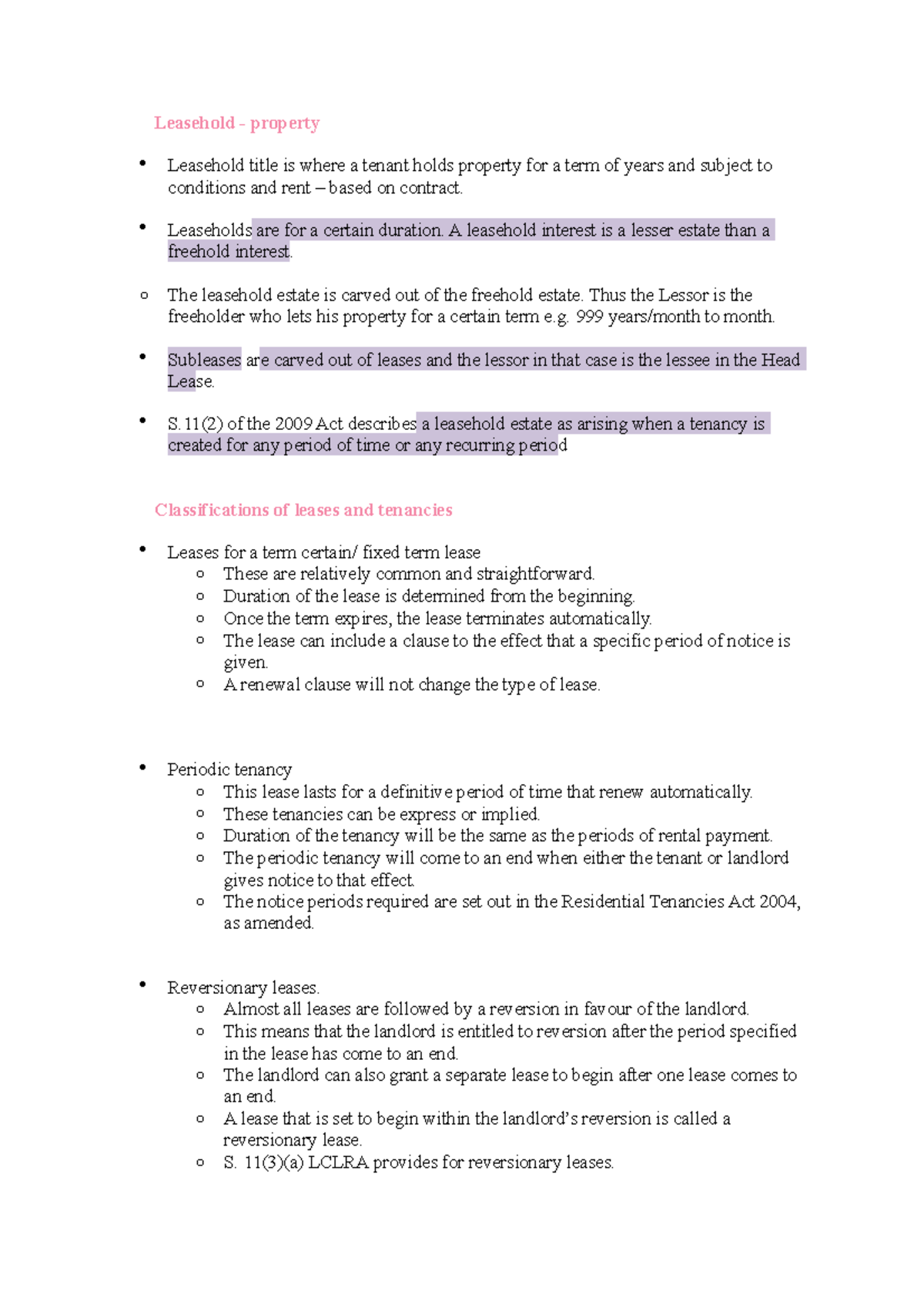 Leases and Licences: Research Notes for Property Law (LAW 101) - Studocu